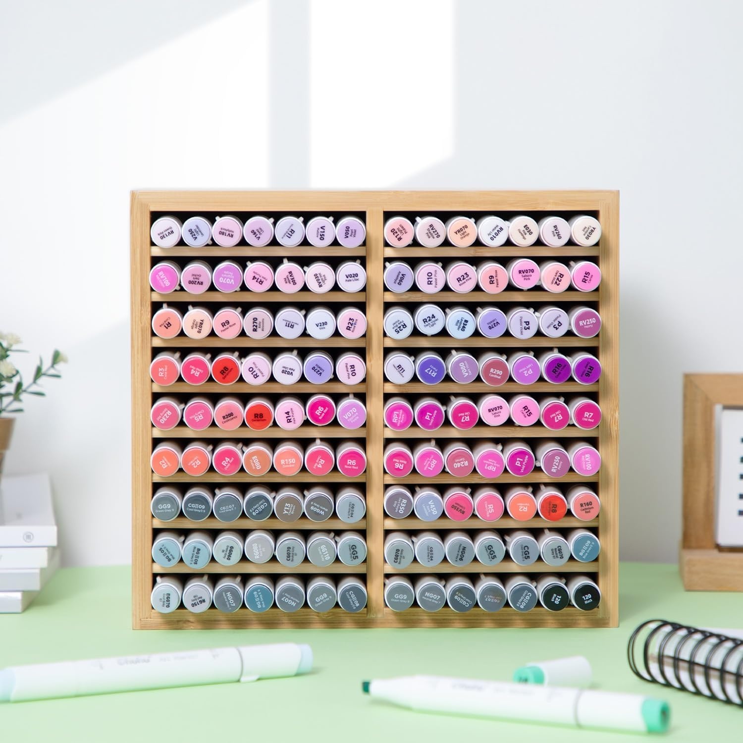 image:imageOhuhu Bamboo Marker Organizer Wooden Desktop Storage Hold 126 Markers Pens Pencils Art Brushes Stationary Organizer Pencil Holder with 18 Compartments for Home Classroom Office DecorRight Angle Hold 126 Markers