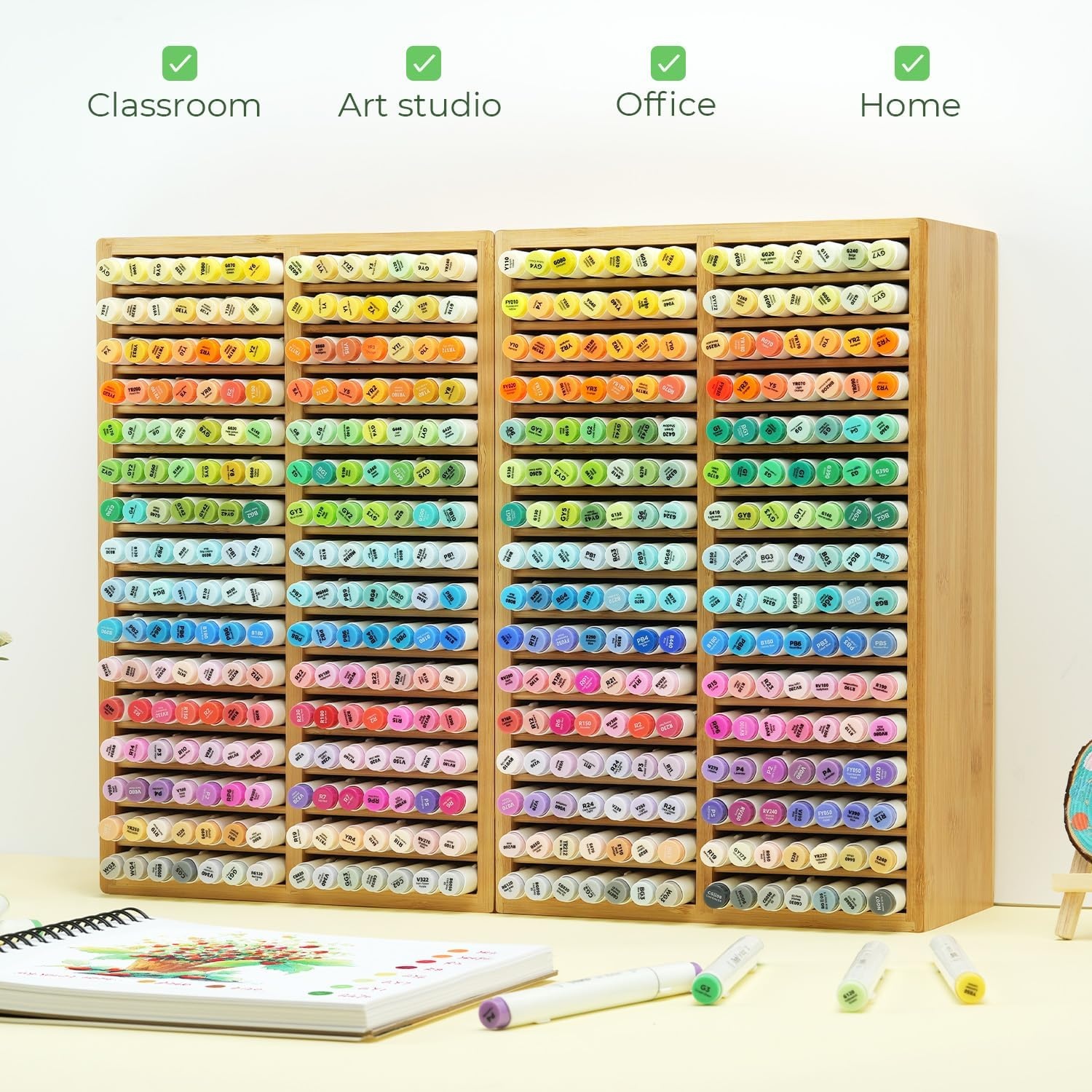 image:imageOhuhu Bamboo Marker Organizer Wooden Desktop Storage Hold 126 Markers Pens Pencils Art Brushes Stationary Organizer Pencil Holder with 18 Compartments for Home Classroom Office DecorRounded Corner Hold 224 Markers