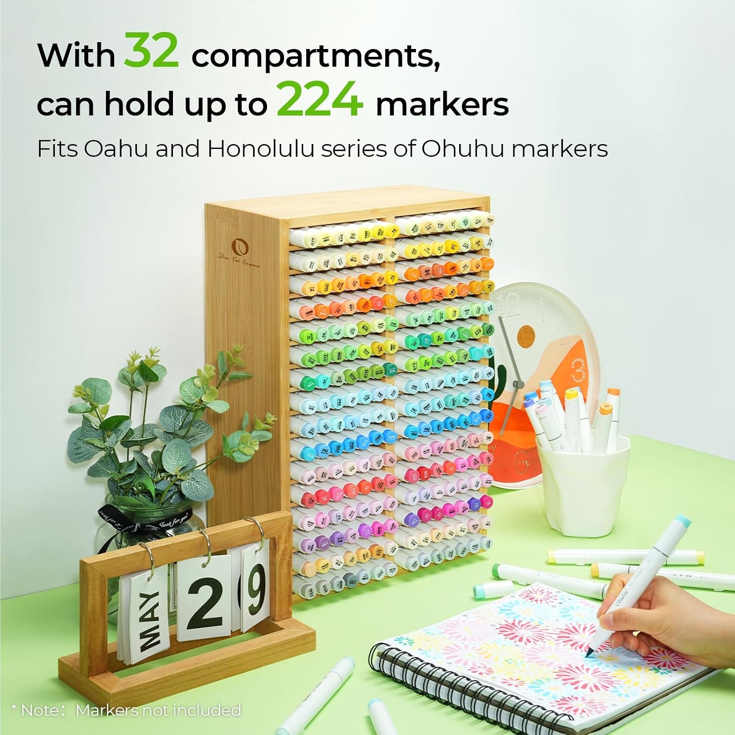 image:imageOhuhu Bamboo Marker Organizer Wooden Desktop Storage Hold 126 Markers Pens Pencils Art Brushes Stationary Organizer Pencil Holder with 18 Compartments for Home Classroom Office DecorRight Angle Hold 224 Markers
