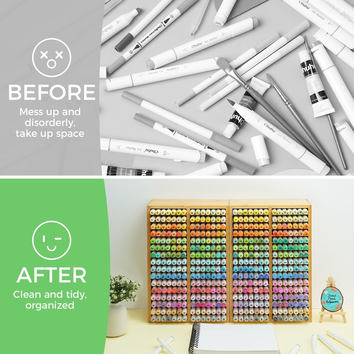 image:imageOhuhu Bamboo Marker Organizer Wooden Desktop Storage Hold 126 Markers Pens Pencils Art Brushes Stationary Organizer Pencil Holder with 18 Compartments for Home Classroom Office DecorRight Angle Hold 224 Markers