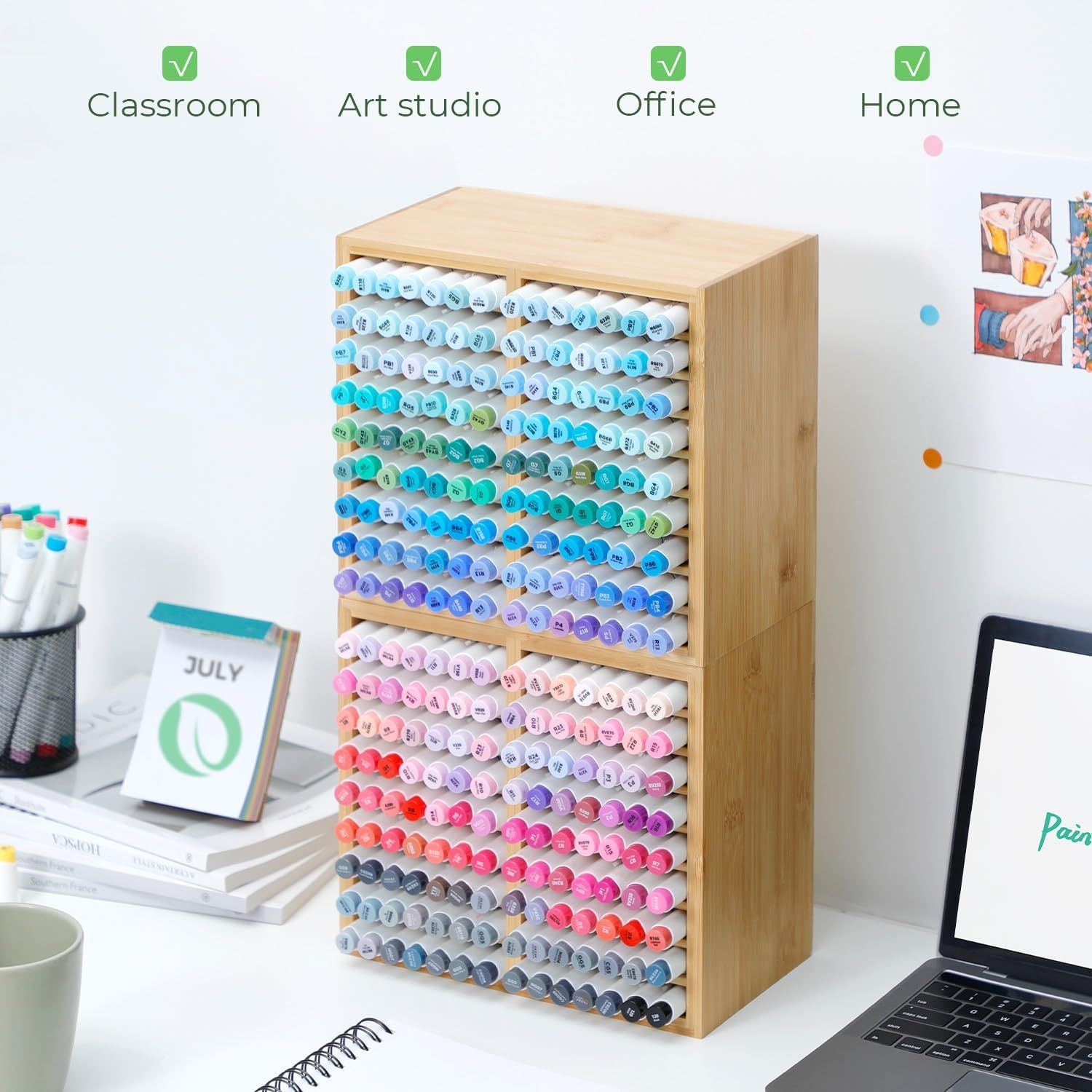 image:imageOhuhu Bamboo Marker Organizer Wooden Desktop Storage Hold 126 Markers Pens Pencils Art Brushes Stationary Organizer Pencil Holder with 18 Compartments for Home Classroom Office DecorRight Angle Hold 126 Markers