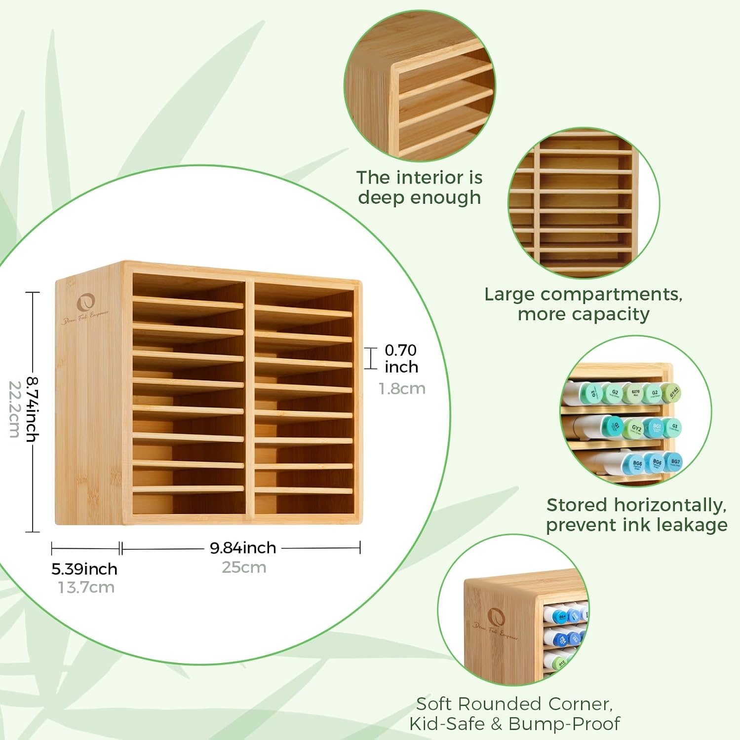 image:imageOhuhu Bamboo Marker Organizer Wooden Desktop Storage Hold 126 Markers Pens Pencils Art Brushes Stationary Organizer Pencil Holder with 18 Compartments for Home Classroom Office DecorRounded Corner Hold 126 Markers