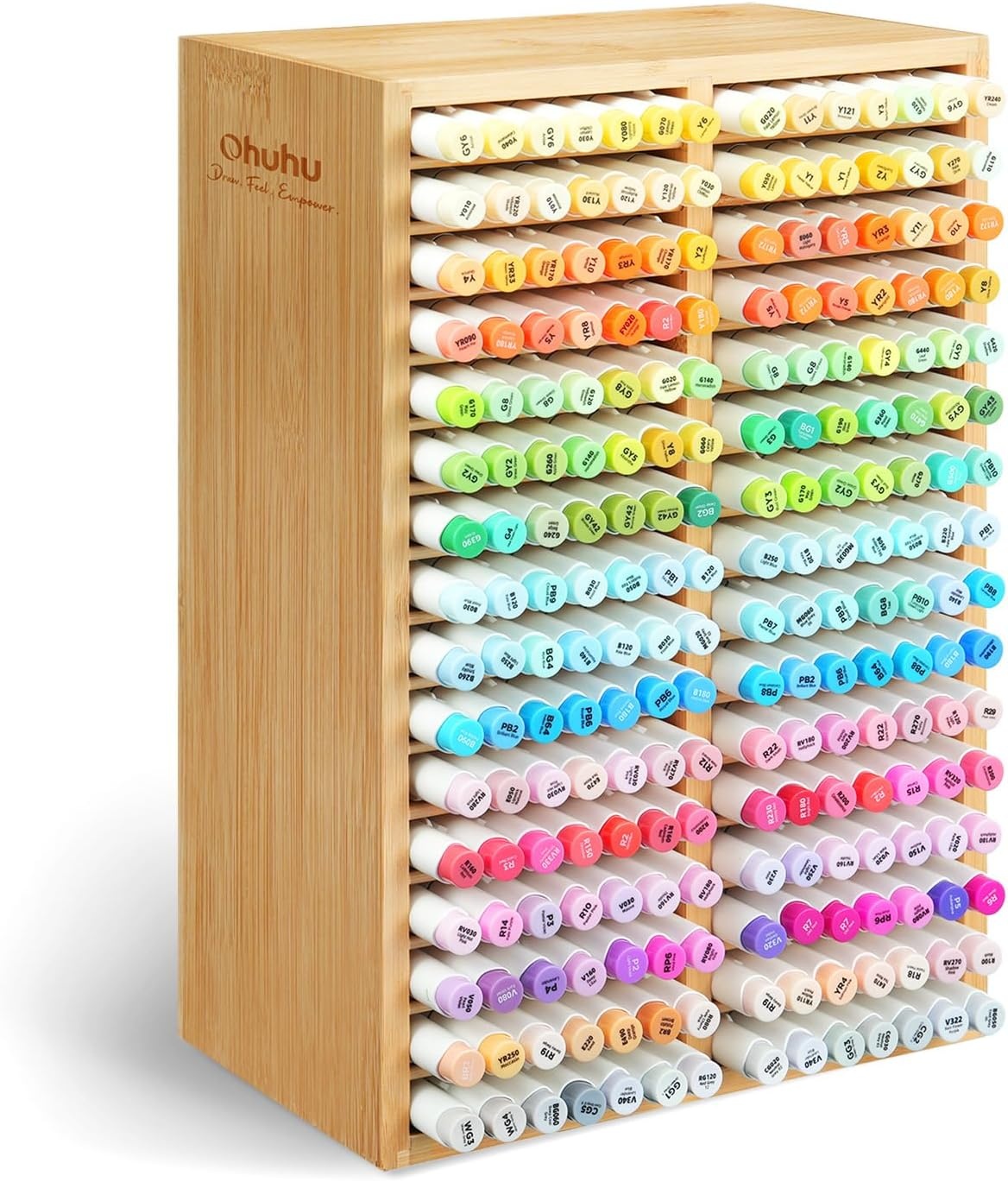 image:imageOhuhu Bamboo Marker Organizer Wooden Desktop Storage Hold 126 Markers Pens Pencils Art Brushes Stationary Organizer Pencil Holder with 18 Compartments for Home Classroom Office DecorRight Angle Hold 224 Markers