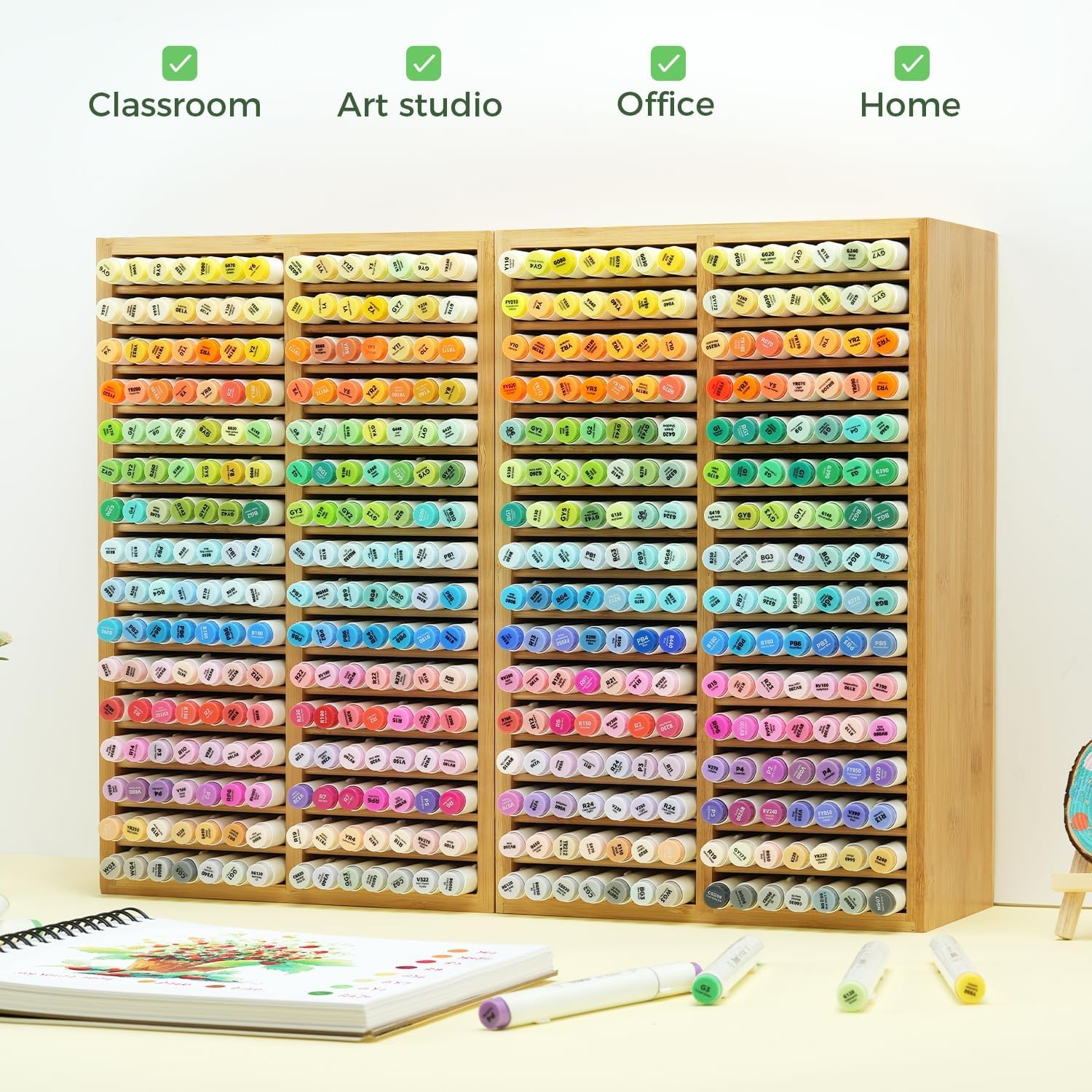 image:imageOhuhu Bamboo Marker Organizer Wooden Desktop Storage Hold 126 Markers Pens Pencils Art Brushes Stationary Organizer Pencil Holder with 18 Compartments for Home Classroom Office DecorRight Angle Hold 224 Markers