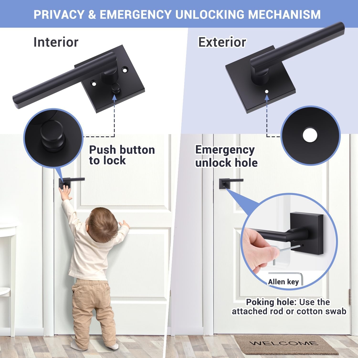 image:imageOhuhu Black Door Handle 6 Pack Door Knobs Interior Matte Heavy Duty Privacy Door Lever with Lock Square Modern Passage Locking Set Contemporary Reversible Keyless for Bedroom Bathroom Satin Zinc