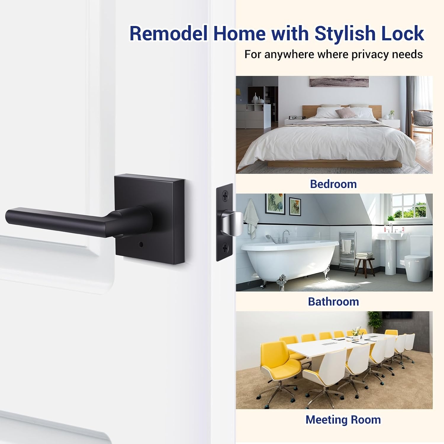 image:imageOhuhu Black Door Handle 6 Pack Door Knobs Interior Matte Heavy Duty Privacy Door Lever with Lock Square Modern Passage Locking Set Contemporary Reversible Keyless for Bedroom Bathroom Satin Zinc