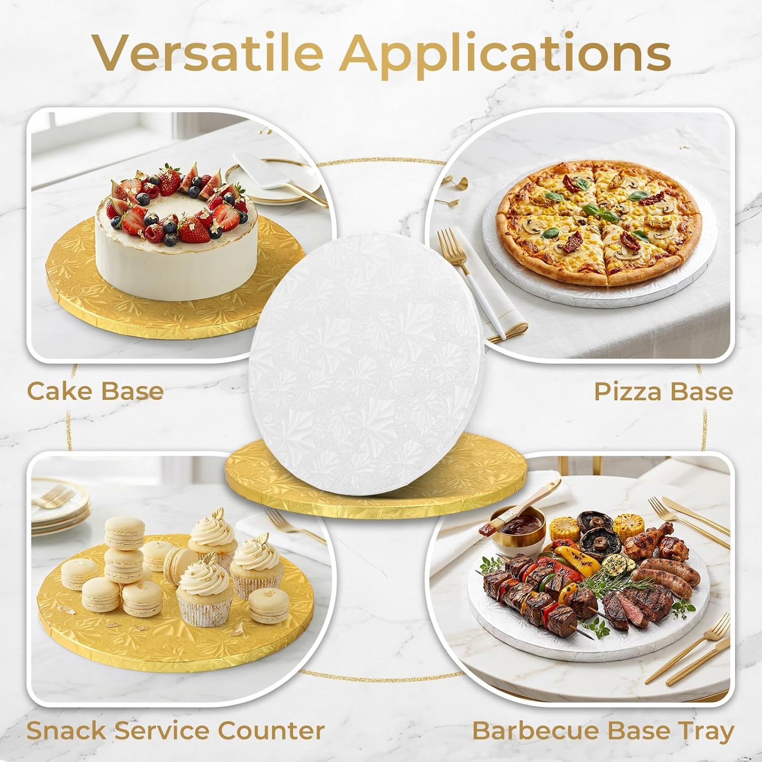 image:imageOhuhu Cake Boards 12 Inch Extra Thick Greaseproof amp Sturdy Cardboard Marble Pattern 10 Inch 2 Pack Round Corrugated Cardboard Wrapped Edges for MultiLayered Cakes Weddings BirthdaysWhitegold