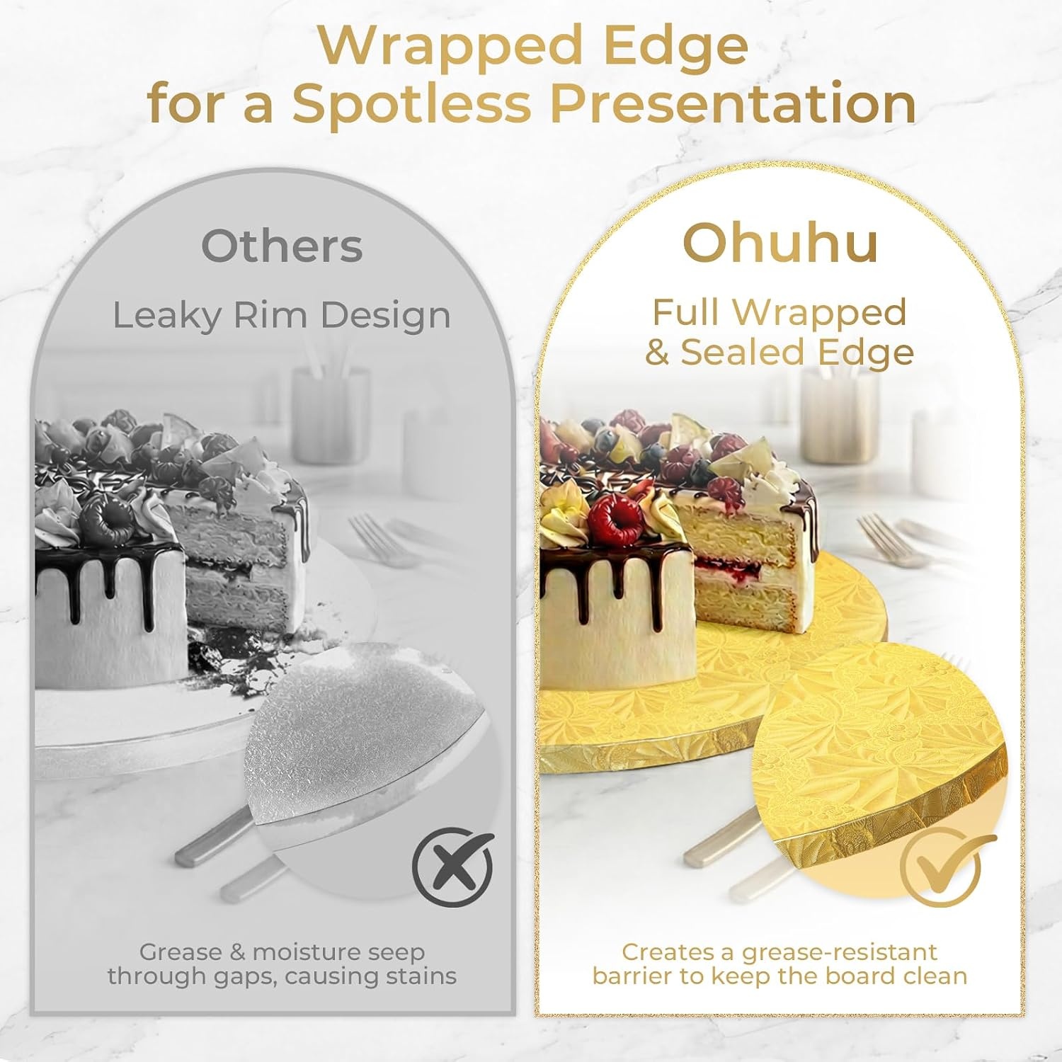 image:imageOhuhu Cake Boards 12 Inch Extra Thick Greaseproof amp Sturdy Cardboard Marble Pattern 10 Inch 2 Pack Round Corrugated Cardboard Wrapped Edges for MultiLayered Cakes Weddings BirthdaysWhitegold