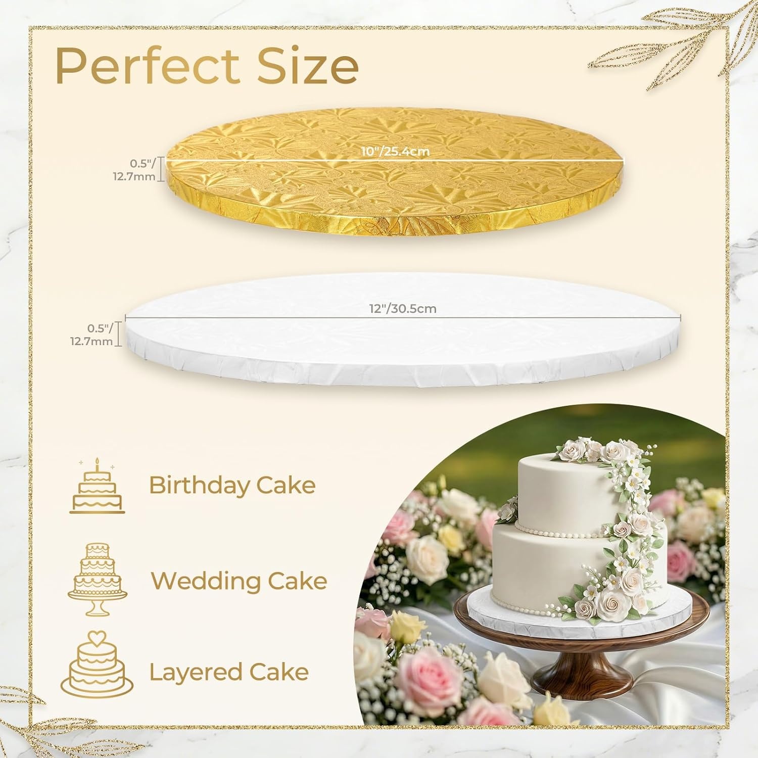image:imageOhuhu Cake Boards 12 Inch Extra Thick Greaseproof amp Sturdy Cardboard Marble Pattern 10 Inch 2 Pack Round Corrugated Cardboard Wrapped Edges for MultiLayered Cakes Weddings BirthdaysWhitegold