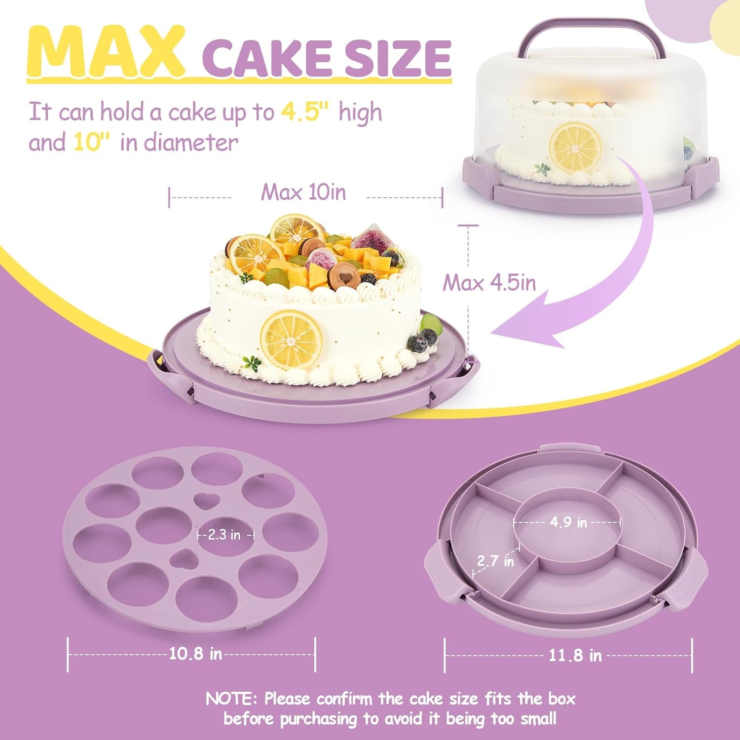 image:imageOhuhu Cake Holder BPAFree Cake Carrier with Lid and Handle Cake Transport Container Portable Cake Keeper Two Sided Base for Pies Cookies Nuts Fruit etc Suitable for 10 inch Cake GiftsPurple