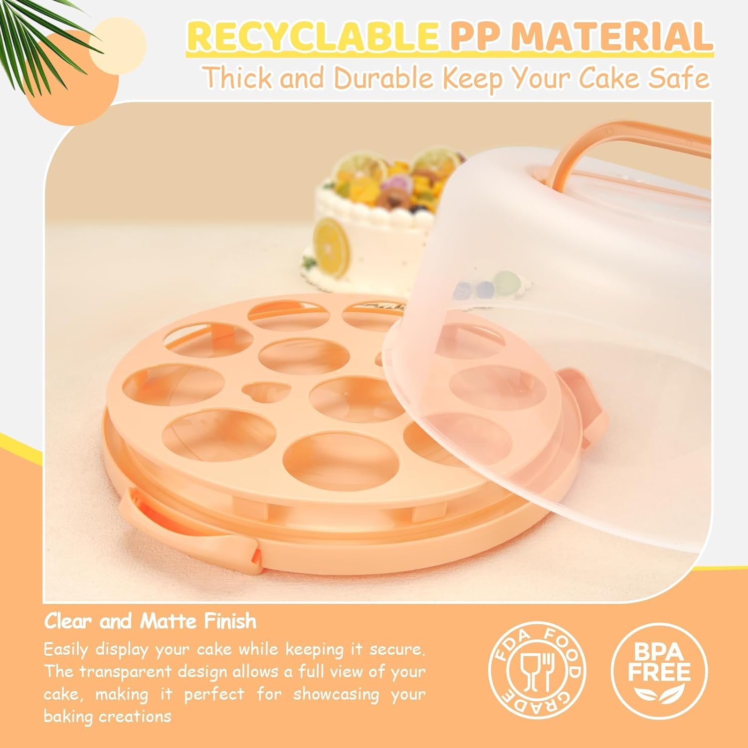 image:imageOhuhu Cake Holder BPAFree Cake Carrier with Lid and Handle Cake Transport Container Portable Cake Keeper Two Sided Base for Pies Cookies Nuts Fruit etc Suitable for 10 inch Cake GiftsPeach