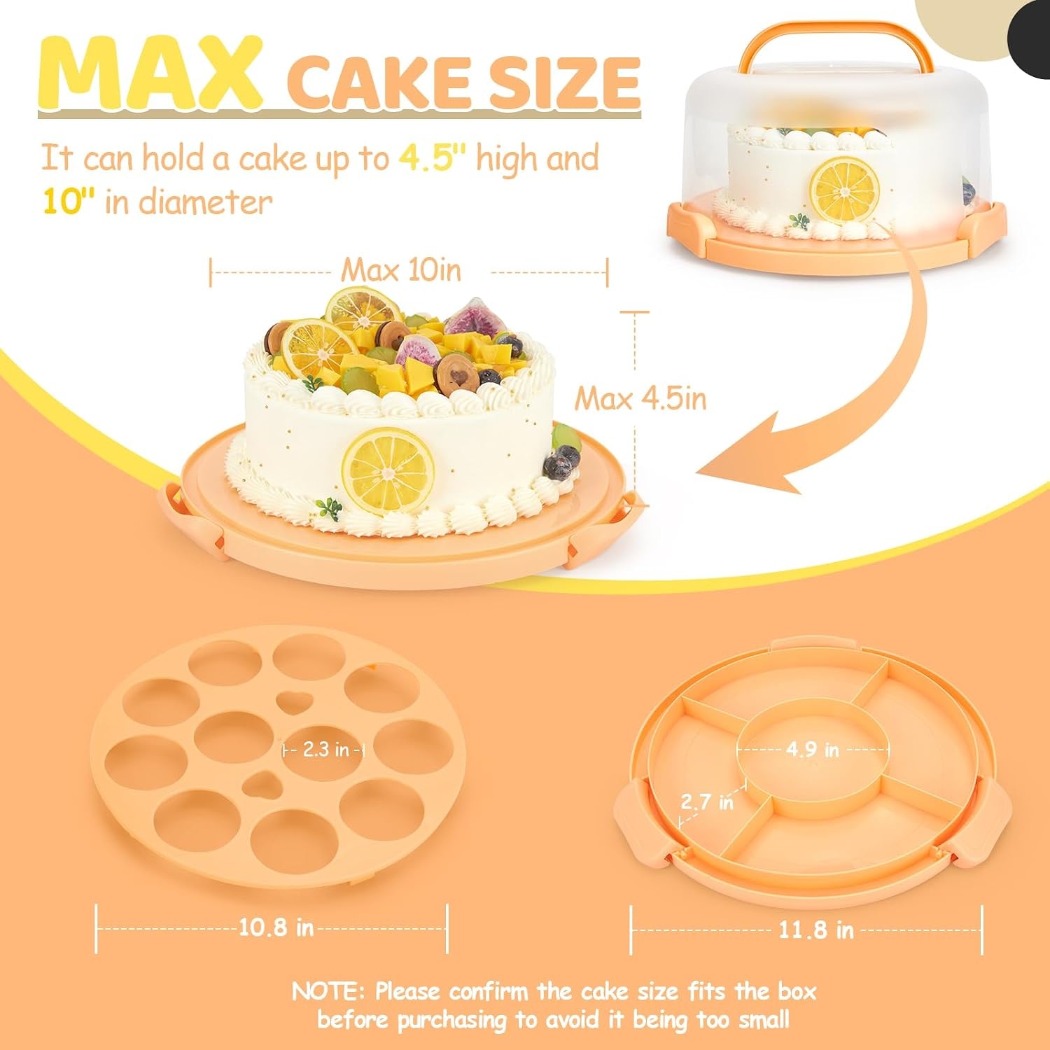 image:imageOhuhu Cake Holder BPAFree Cake Carrier with Lid and Handle Cake Transport Container Portable Cake Keeper Two Sided Base for Pies Cookies Nuts Fruit etc Suitable for 10 inch Cake GiftsPeach