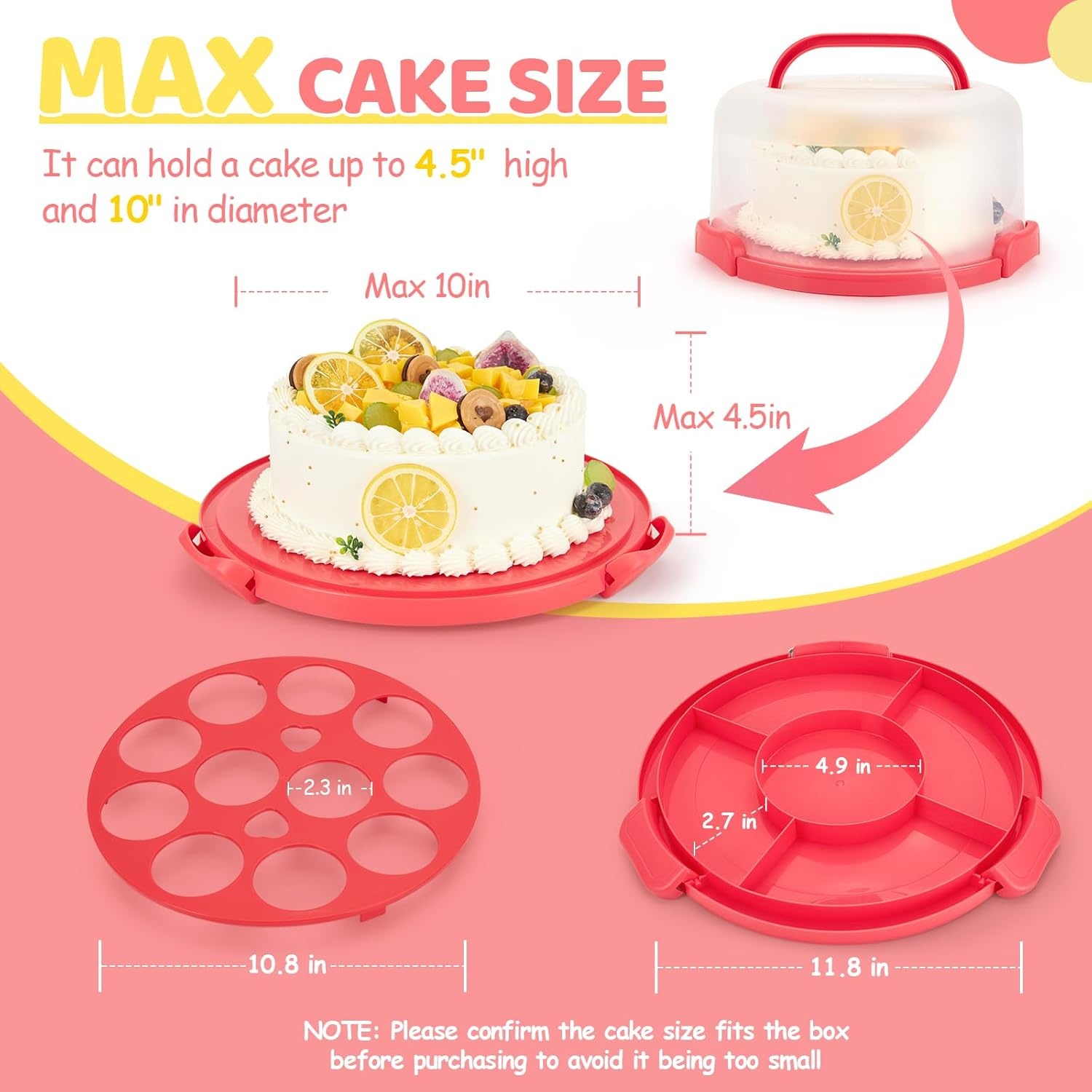 image:imageOhuhu Cake Holder BPAFree Cake Carrier with Lid and Handle Cake Transport Container Portable Cake Keeper Two Sided Base for Pies Cookies Nuts Fruit etc Suitable for 10 inch Cake GiftsRed