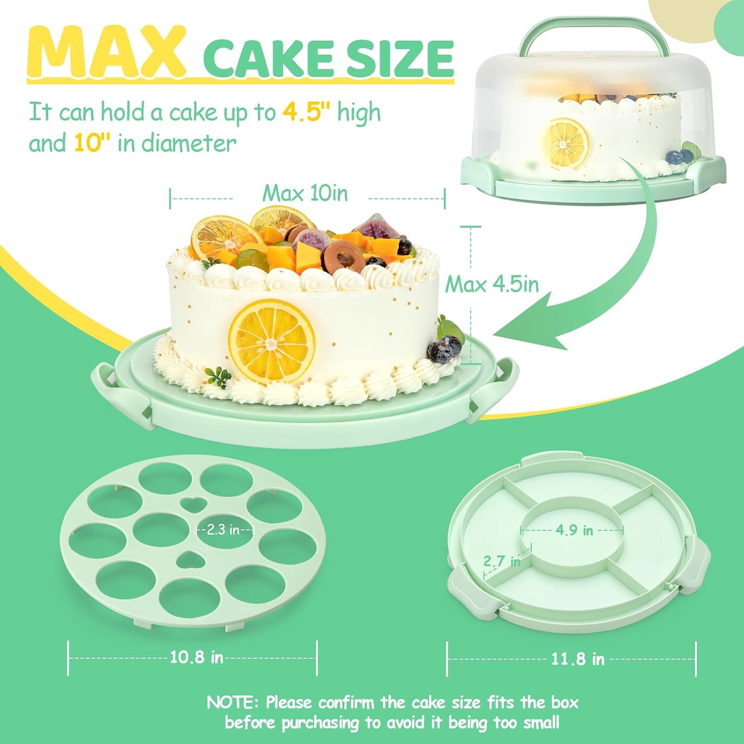 image:imageOhuhu Cake Holder BPAFree Cake Carrier with Lid and Handle Cake Transport Container Portable Cake Keeper Two Sided Base for Pies Cookies Nuts Fruit etc Suitable for 10 inch Cake GiftsGreen
