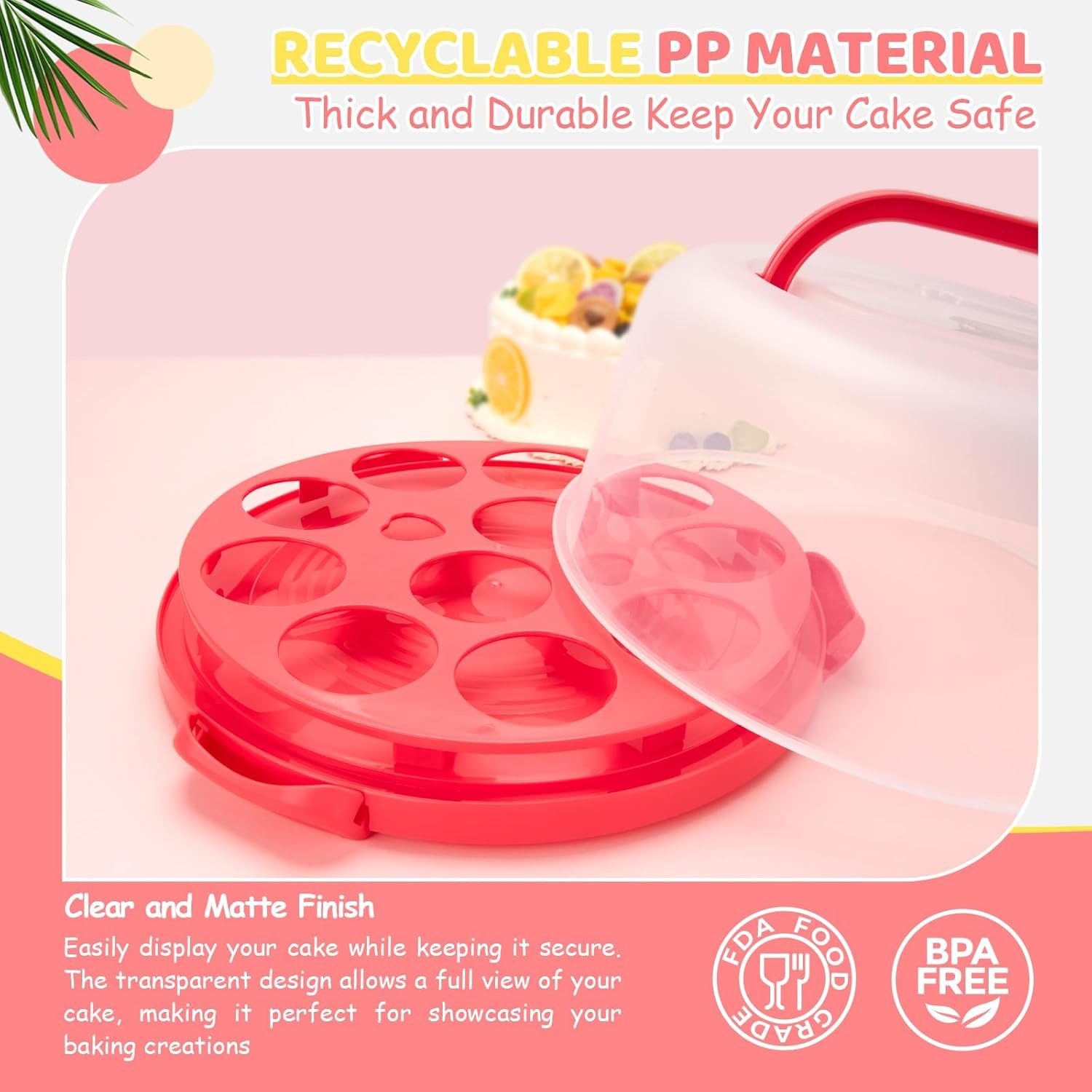 image:imageOhuhu Cake Holder BPAFree Cake Carrier with Lid and Handle Cake Transport Container Portable Cake Keeper Two Sided Base for Pies Cookies Nuts Fruit etc Suitable for 10 inch Cake GiftsRed