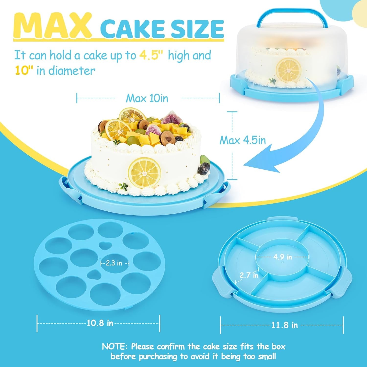 image:imageOhuhu Cake Holder BPAFree Cake Carrier with Lid and Handle Cake Transport Container Portable Cake Keeper Two Sided Base for Pies Cookies Nuts Fruit etc Suitable for 10 inch Cake GiftsBlue