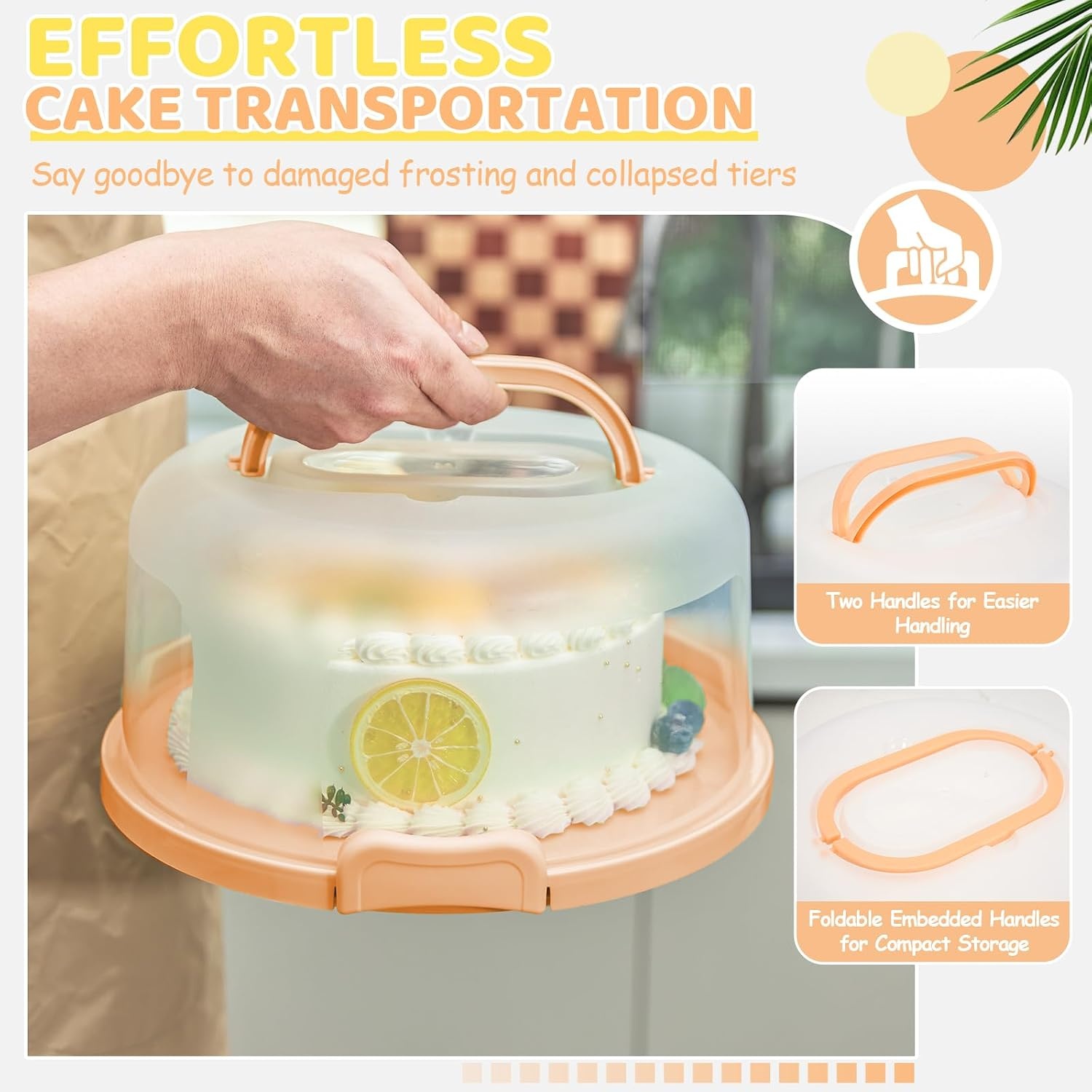 image:imageOhuhu Cake Holder BPAFree Cake Carrier with Lid and Handle Cake Transport Container Portable Cake Keeper Two Sided Base for Pies Cookies Nuts Fruit etc Suitable for 10 inch Cake GiftsPeach