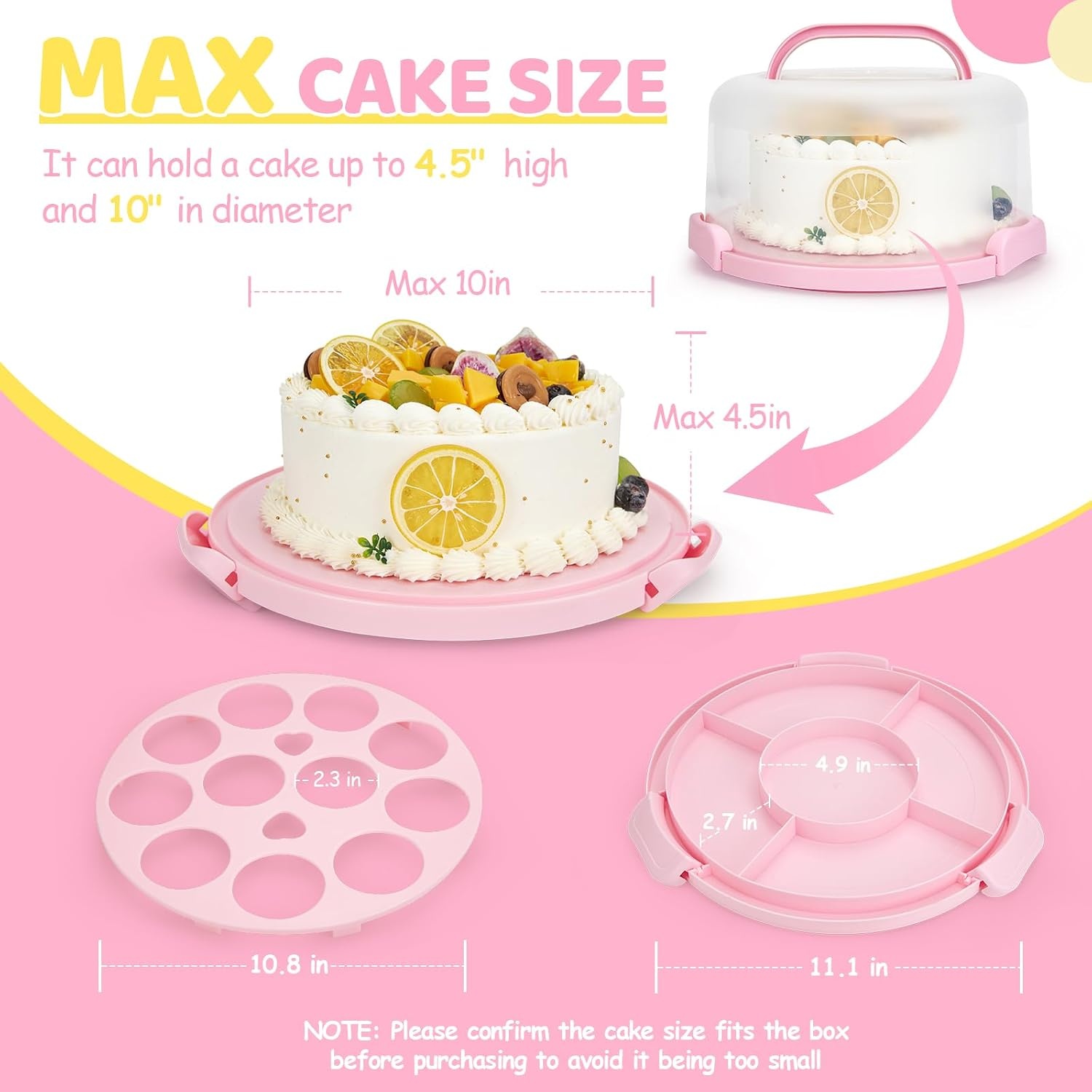 image:imageOhuhu Cake Holder BPAFree Cake Carrier with Lid and Handle Cake Transport Container Portable Cake Keeper Two Sided Base for Pies Cookies Nuts Fruit etc Suitable for 10 inch Cake GiftsPink