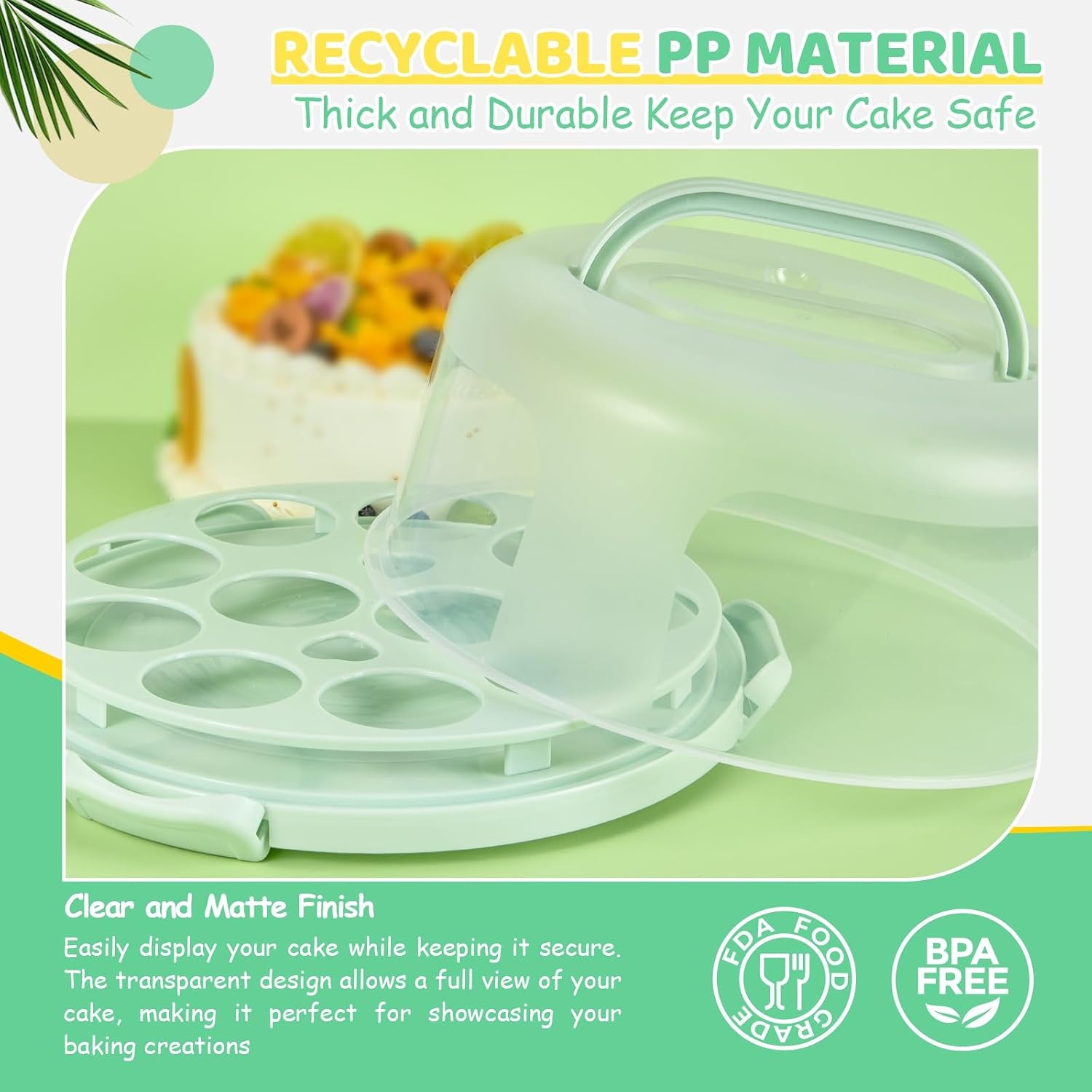 image:imageOhuhu Cake Holder BPAFree Cake Carrier with Lid and Handle Cake Transport Container Portable Cake Keeper Two Sided Base for Pies Cookies Nuts Fruit etc Suitable for 10 inch Cake GiftsGreen