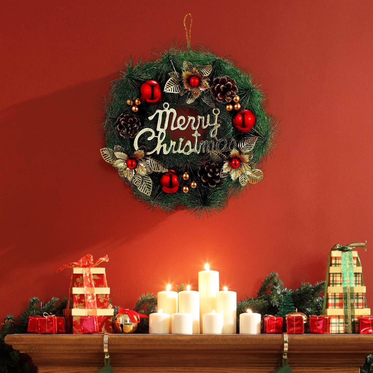 image:imageOhuhu Christmas Wreath Artificial Christmas Wreaths Xmas Pine Wreath Garland Wall Hanging with Gold Leaves Red Balls Pine Cones for Front Door Christmas Decorations