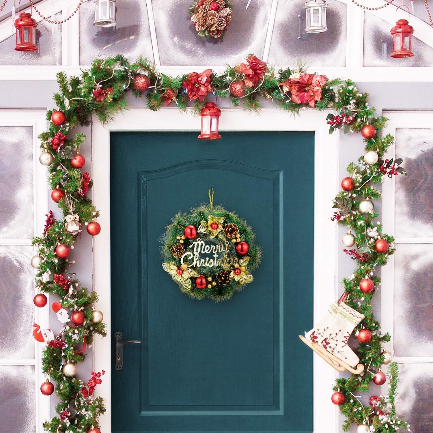 image:imageOhuhu Christmas Wreath Artificial Christmas Wreaths Xmas Pine Wreath Garland Wall Hanging with Gold Leaves Red Balls Pine Cones for Front Door Christmas Decorations