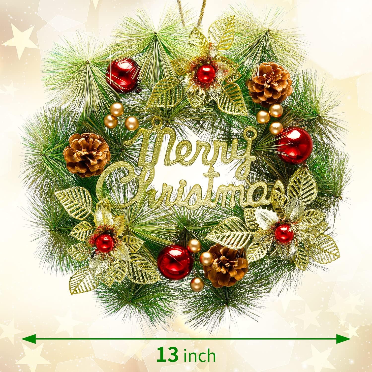 image:imageOhuhu Christmas Wreath Artificial Christmas Wreaths Xmas Pine Wreath Garland Wall Hanging with Gold Leaves Red Balls Pine Cones for Front Door Christmas Decorations