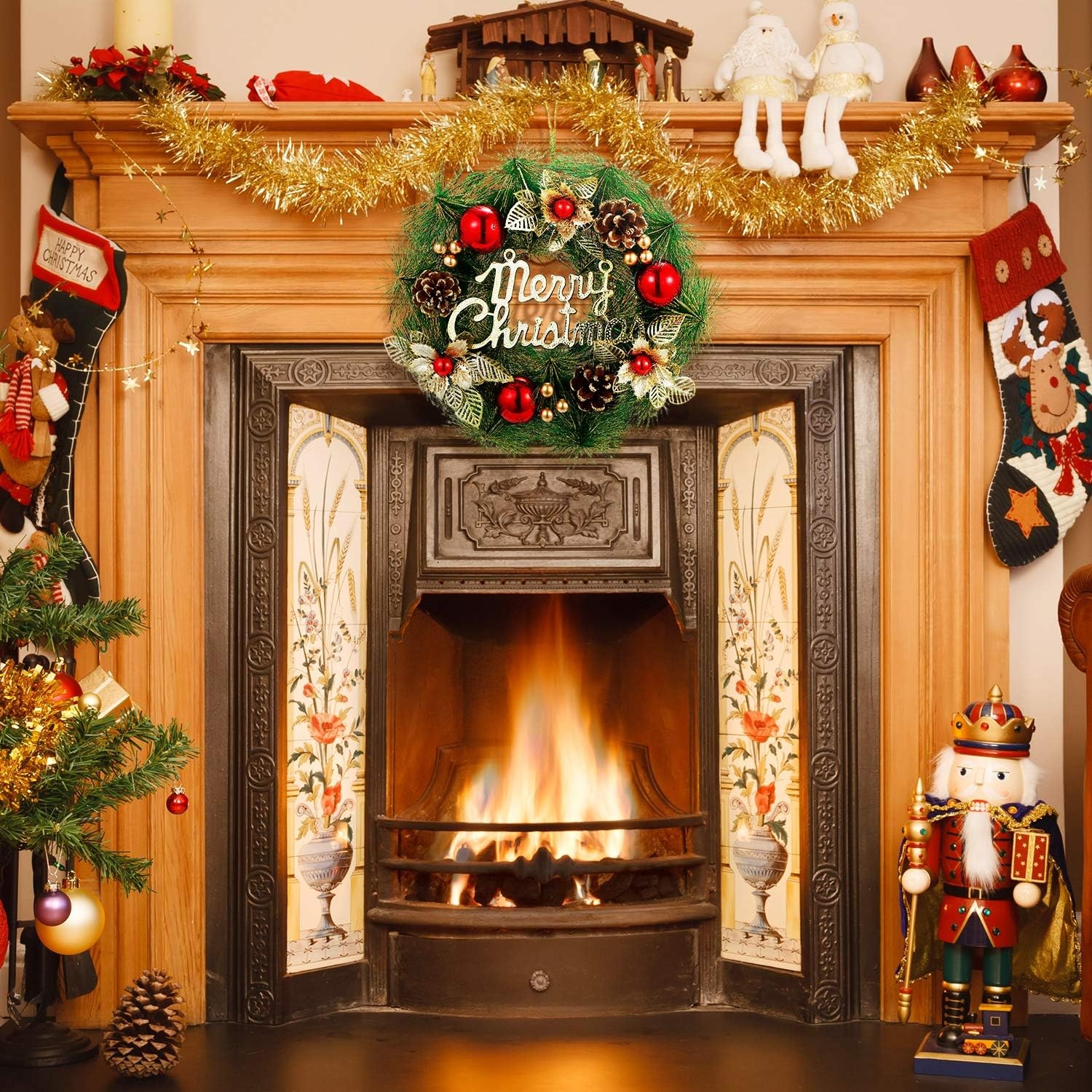 image:imageOhuhu Christmas Wreath Artificial Christmas Wreaths Xmas Pine Wreath Garland Wall Hanging with Gold Leaves Red Balls Pine Cones for Front Door Christmas Decorations