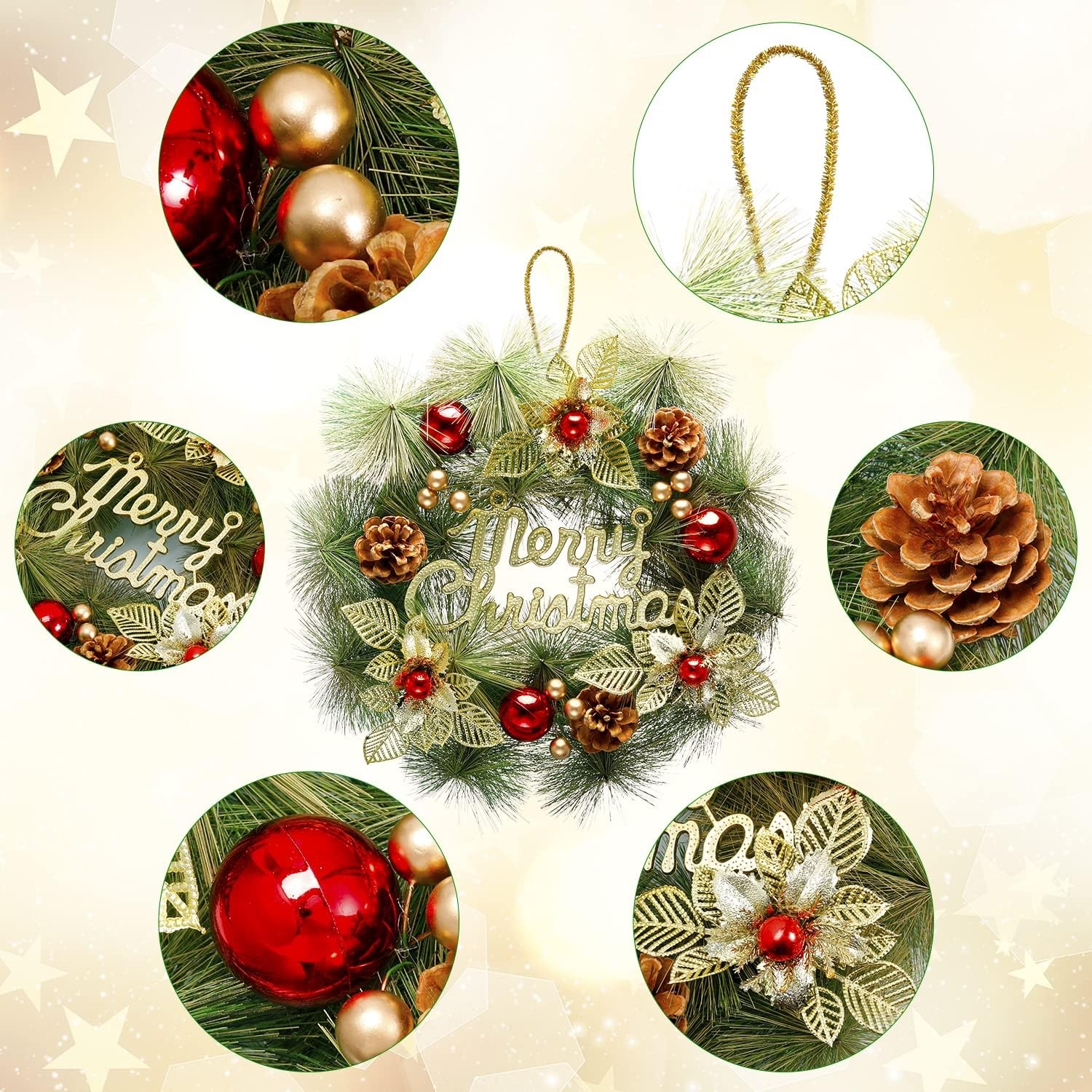 image:imageOhuhu Christmas Wreath Artificial Christmas Wreaths Xmas Pine Wreath Garland Wall Hanging with Gold Leaves Red Balls Pine Cones for Front Door Christmas Decorations