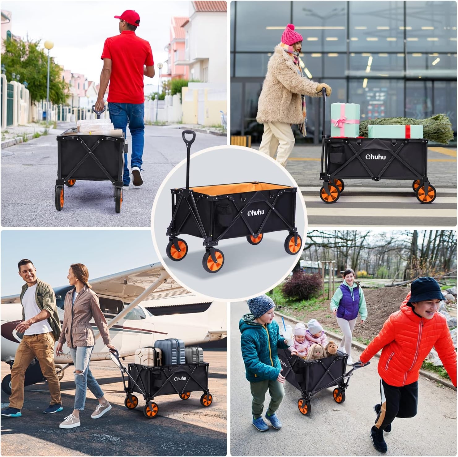 image:imageOhuhu Collapsible Folding Wagon Cart Durable Foldable Wagons with Brake Function 220 LB Capacity Utility Outdoor Grocery Shopping Carts with Removable Wheels 2 Drink Holders for Garden Camping Picnic