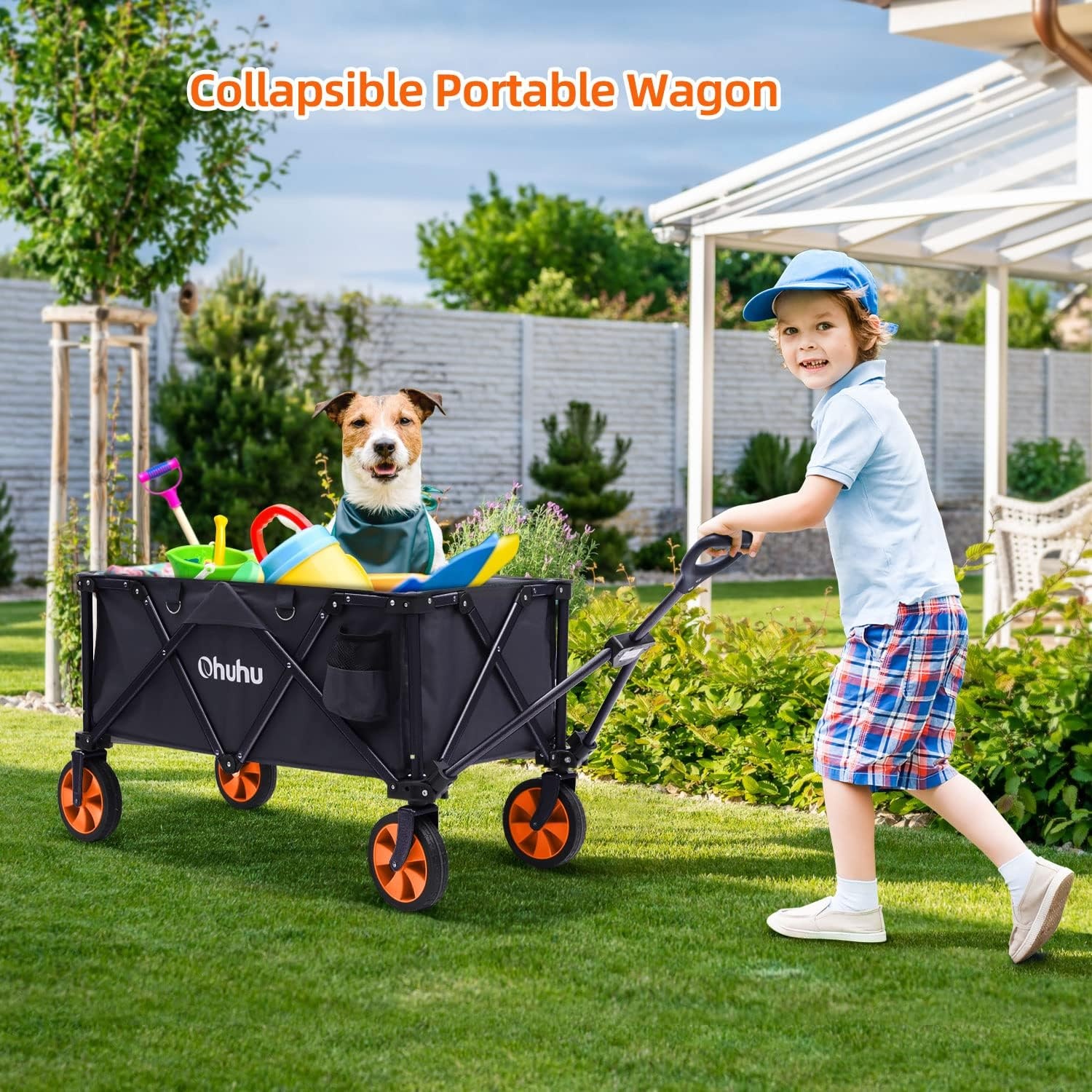image:imageOhuhu Collapsible Folding Wagon Cart Durable Foldable Wagons with Brake Function 220 LB Capacity Utility Outdoor Grocery Shopping Carts with Removable Wheels 2 Drink Holders for Garden Camping Picnic
