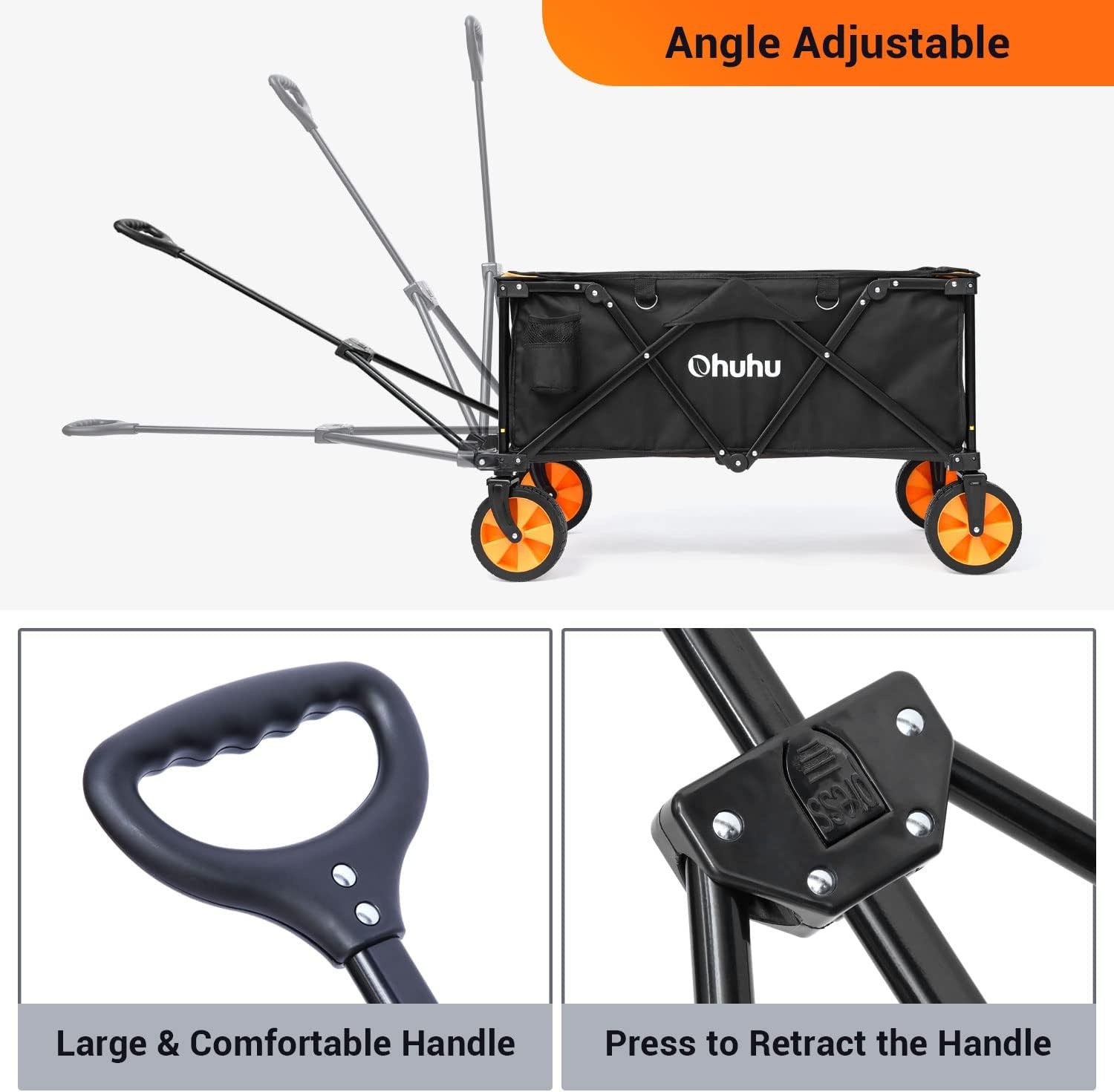 image:imageOhuhu Collapsible Folding Wagon Cart Extra Reinforced Foldable Wagons with 400 LB Capacity Heavy Duty Utility Outdoor Grocery Shopping Carts with Removable Wheels amp 2 Drink Holders for Camping Picnic