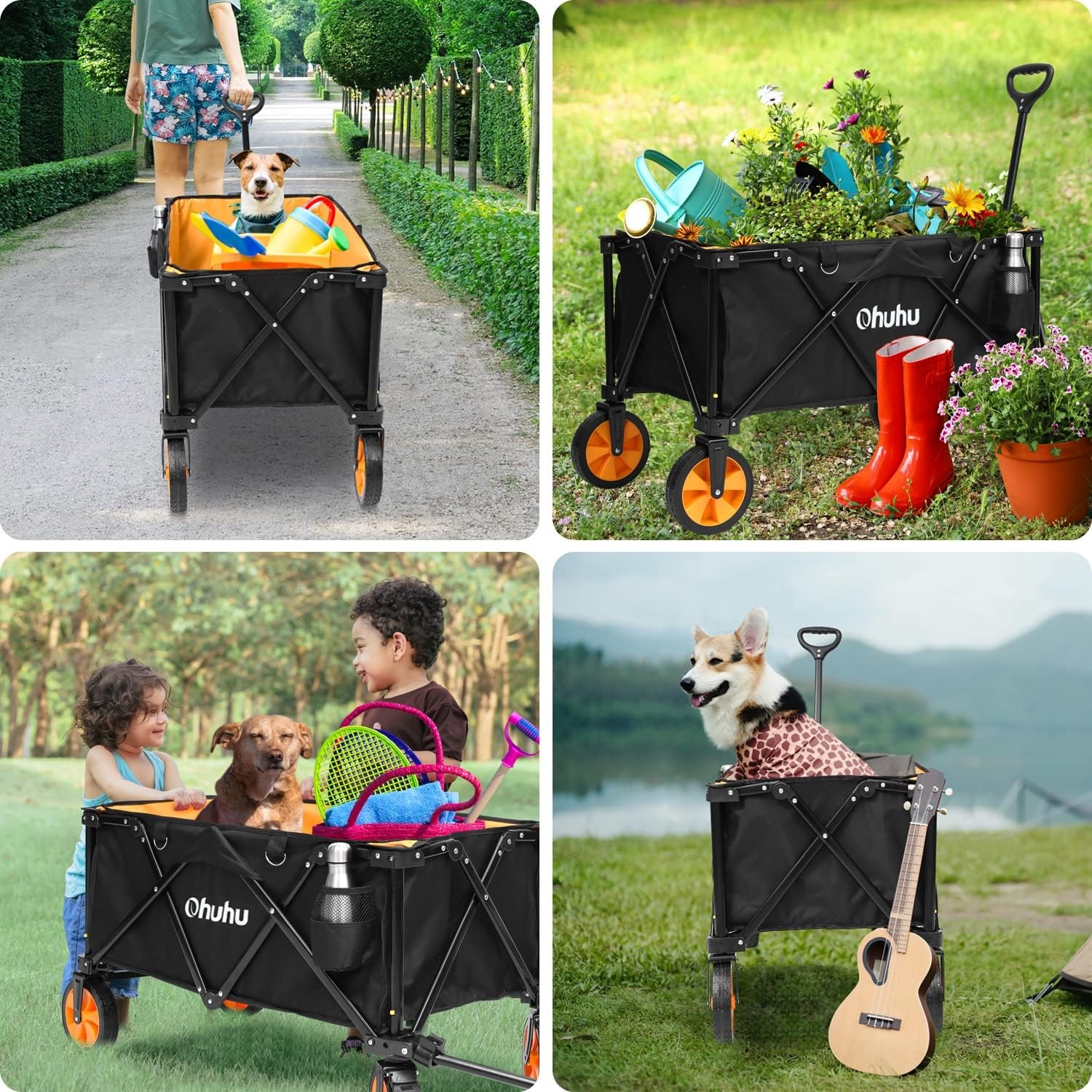 image:imageOhuhu Collapsible Folding Wagon Cart Extra Reinforced Foldable Wagons with 400 LB Capacity Heavy Duty Utility Outdoor Grocery Shopping Carts with Removable Wheels amp 2 Drink Holders for Camping Picnic