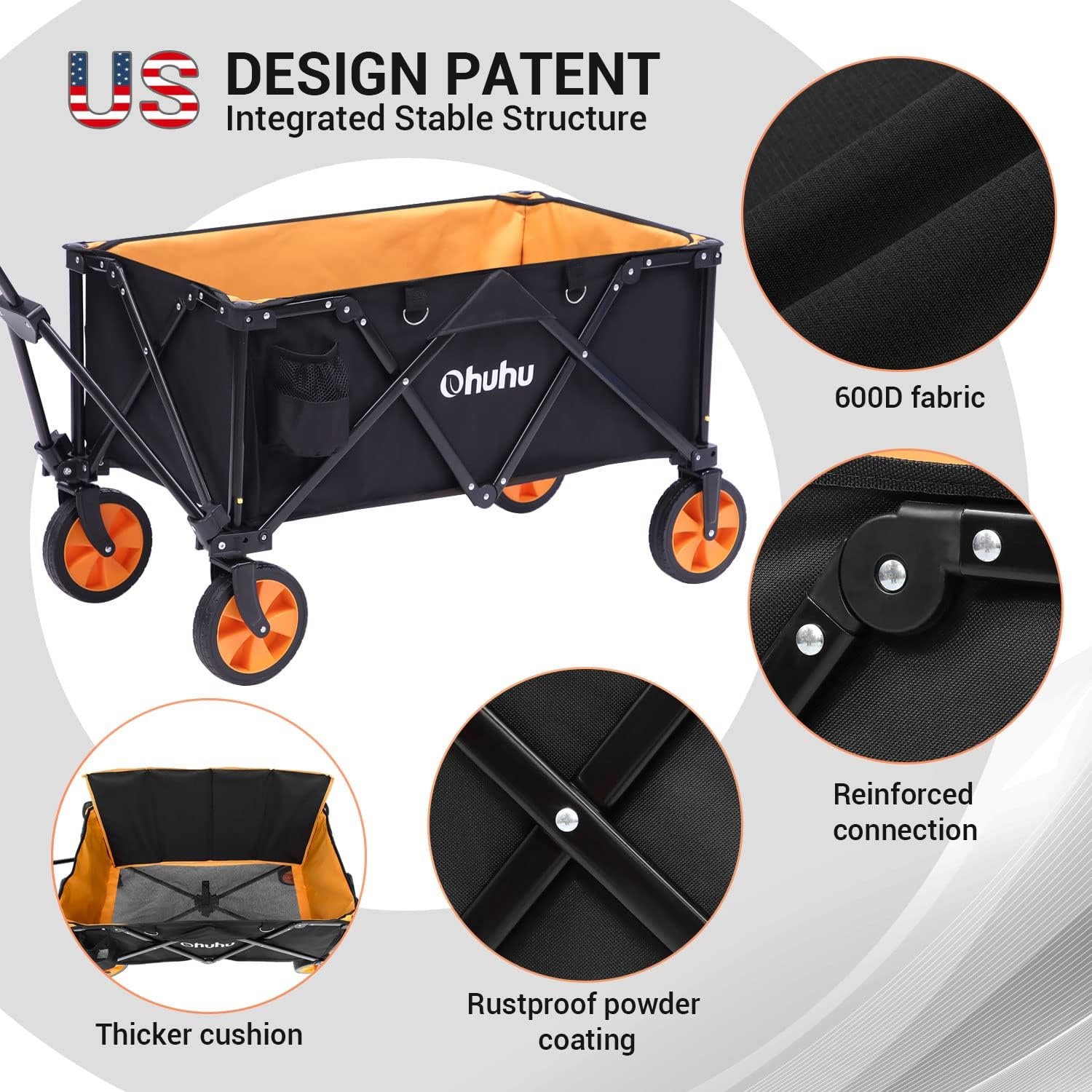 image:imageOhuhu Collapsible Folding Wagon Cart Extra Reinforced Foldable Wagons with 400 LB Capacity Heavy Duty Utility Outdoor Grocery Shopping Carts with Removable Wheels amp 2 Drink Holders for Camping Picnic