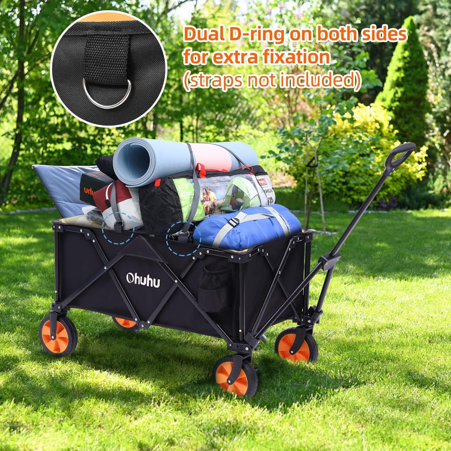 image:imageOhuhu Collapsible Folding Wagon Cart Extra Reinforced Foldable Wagons with 400 LB Capacity Heavy Duty Utility Outdoor Grocery Shopping Carts with Removable Wheels amp 2 Drink Holders for Camping Picnic