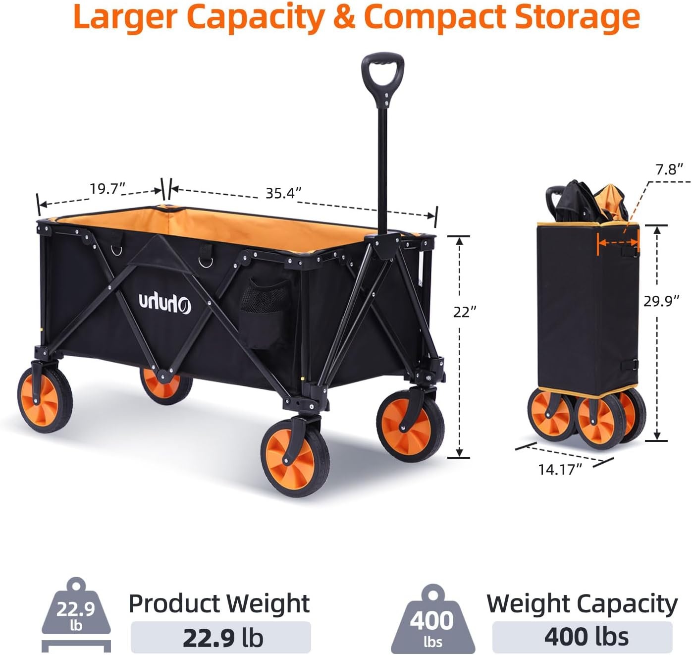 image:imageOhuhu Collapsible Folding Wagon Cart Extra Reinforced Foldable Wagons with 400 LB Capacity Heavy Duty Utility Outdoor Grocery Shopping Carts with Removable Wheels amp 2 Drink Holders for Camping Picnic