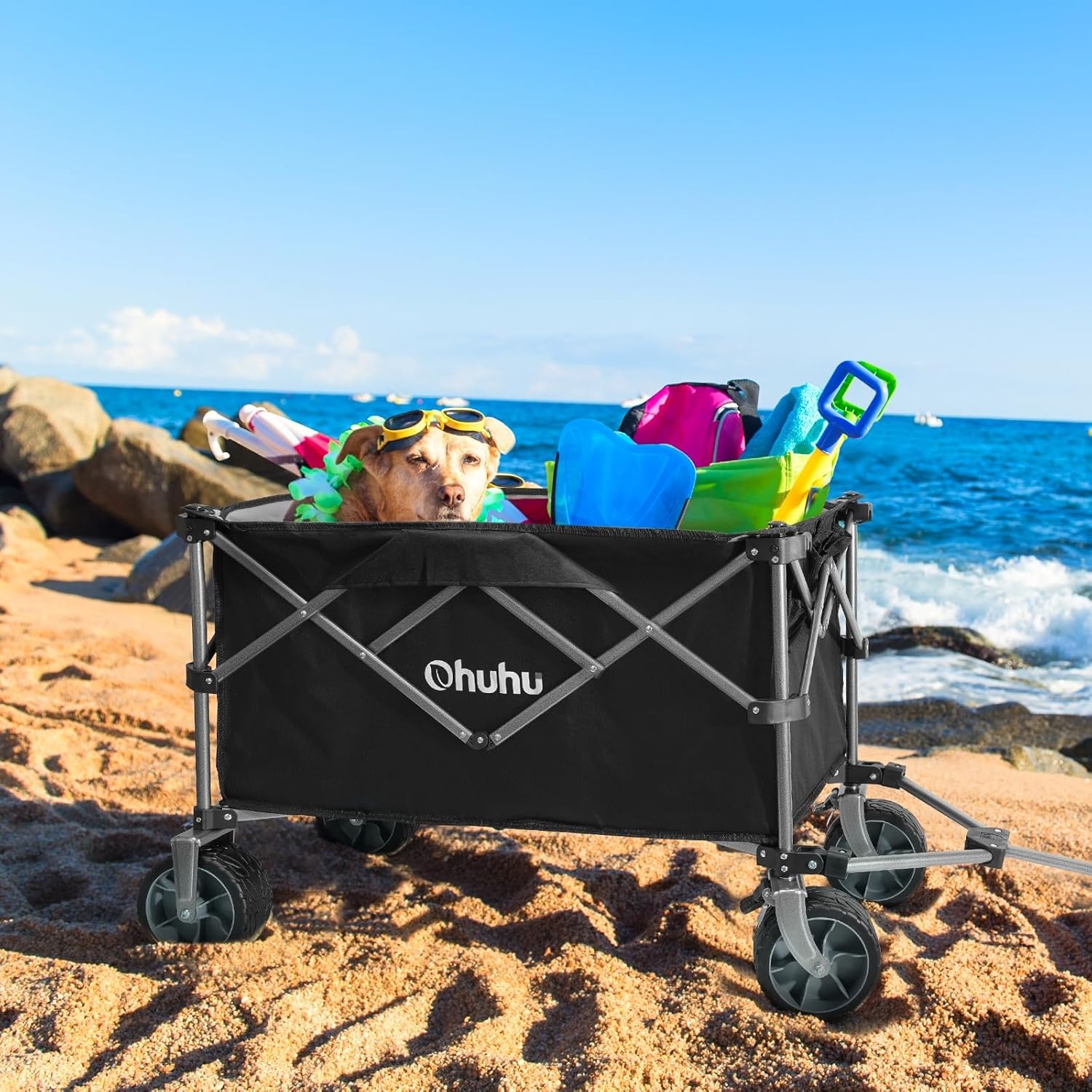 image:imageOhuhu Collapsible Wagon Cart with Big Wheels 200L440LB Capacity Foldable Beach Wagon for Sand Folding Utility Heavy Duty Garden Carts HeavyDuty Grocery Wagons for Sports Camping Picnic Shopping