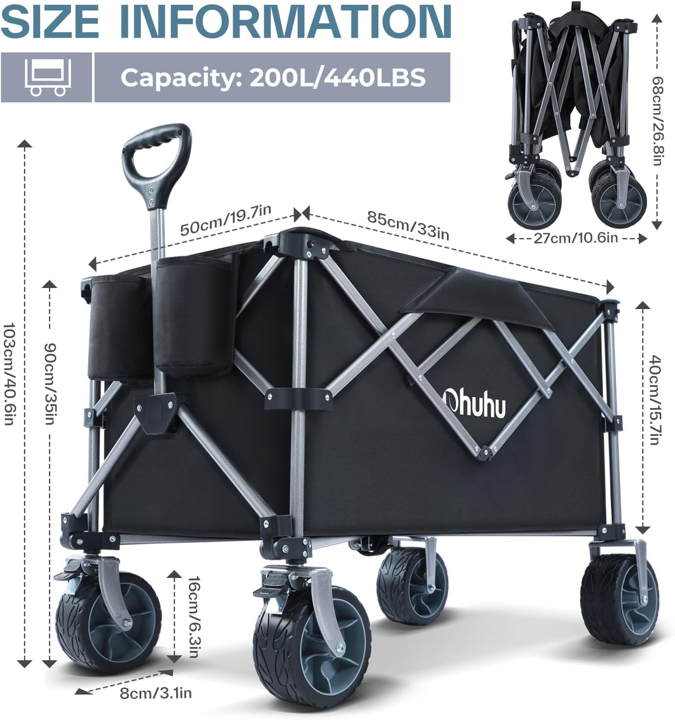 image:imageOhuhu Collapsible Wagon Cart with Big Wheels 200L440LB Capacity Foldable Beach Wagon for Sand Folding Utility Heavy Duty Garden Carts HeavyDuty Grocery Wagons for Sports Camping Picnic Shopping