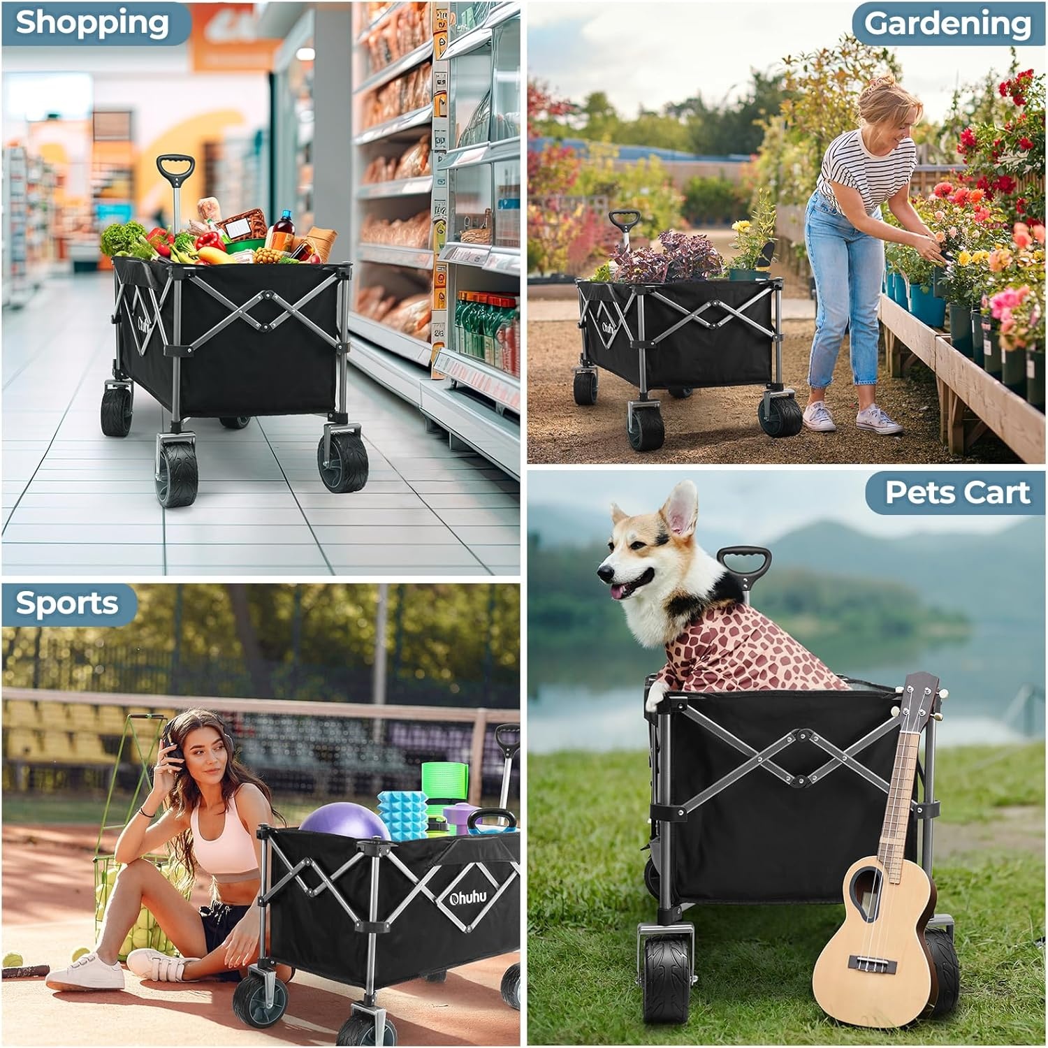 image:imageOhuhu Collapsible Wagon Cart with Big Wheels 200L440LB Capacity Foldable Beach Wagon for Sand Folding Utility Heavy Duty Garden Carts HeavyDuty Grocery Wagons for Sports Camping Picnic Shopping