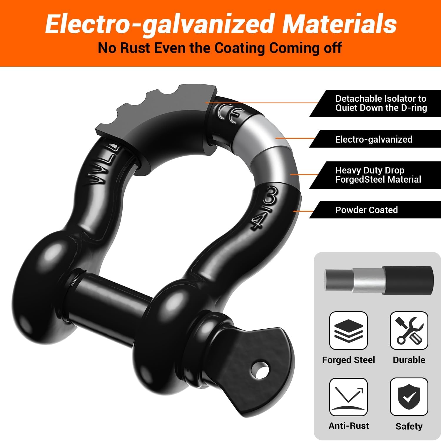 image:imageOhuhu D Ring Shackles 34 2 Pack D Shackle Rugged 20 Ton 44000 lbs Maximum Break Strength 475 Ton 9500 Lbs CapacityAlloy Steel Silicone