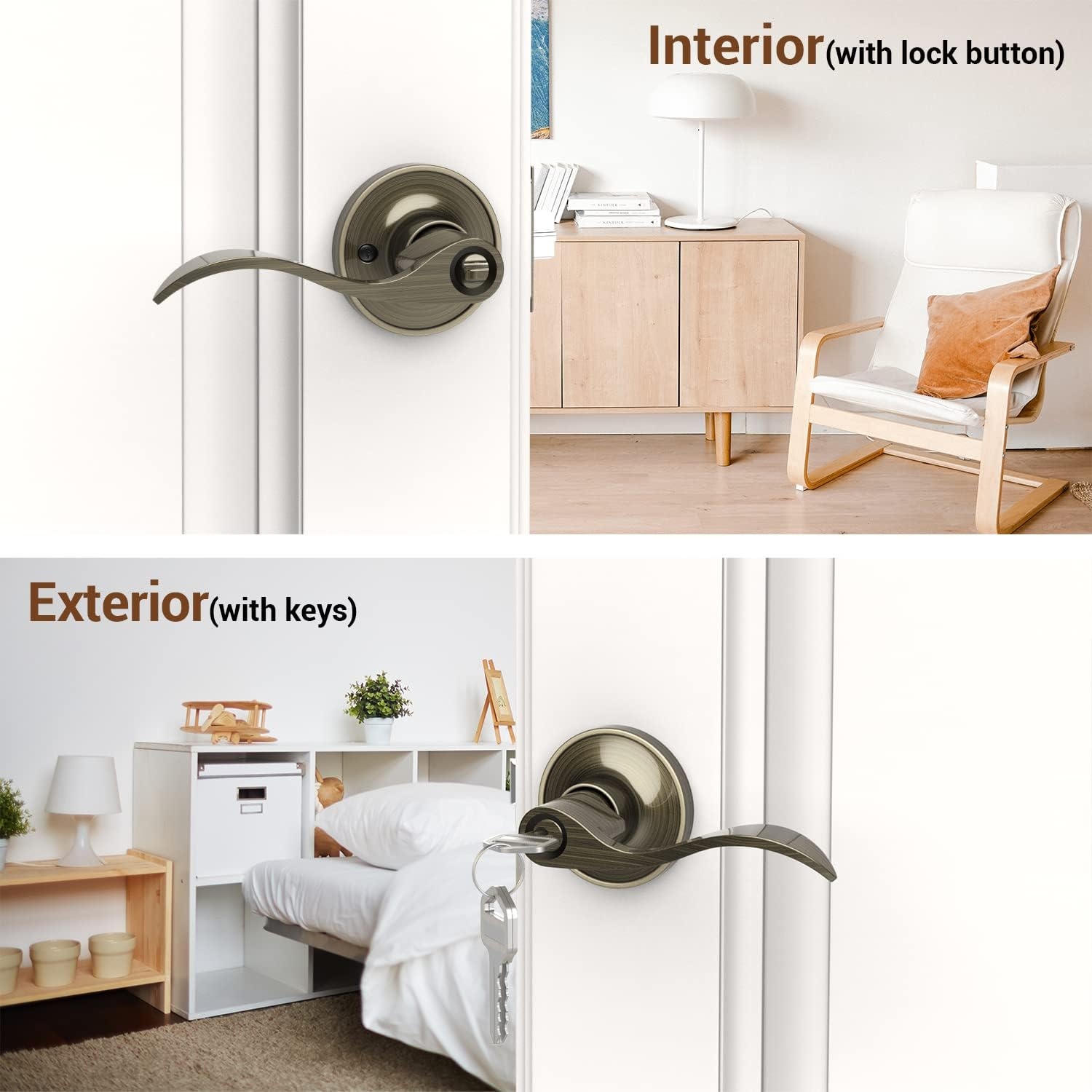 image:imageOhuhu Door Handle Bronze Door Knobs Interior Exterior Door Lock Lever with Key Antique Brass for Bedroom Bathroom Privacy not Keyed Alike Wave Style Entry locksets Zinc Alloy