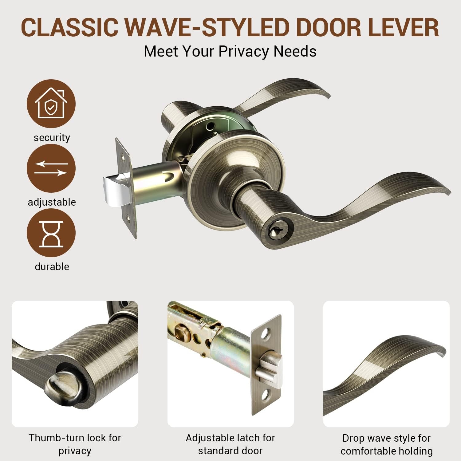 image:imageOhuhu Door Handle Bronze Door Knobs Interior Exterior Door Lock Lever with Key Antique Brass for Bedroom Bathroom Privacy not Keyed Alike Wave Style Entry locksets Zinc Alloy