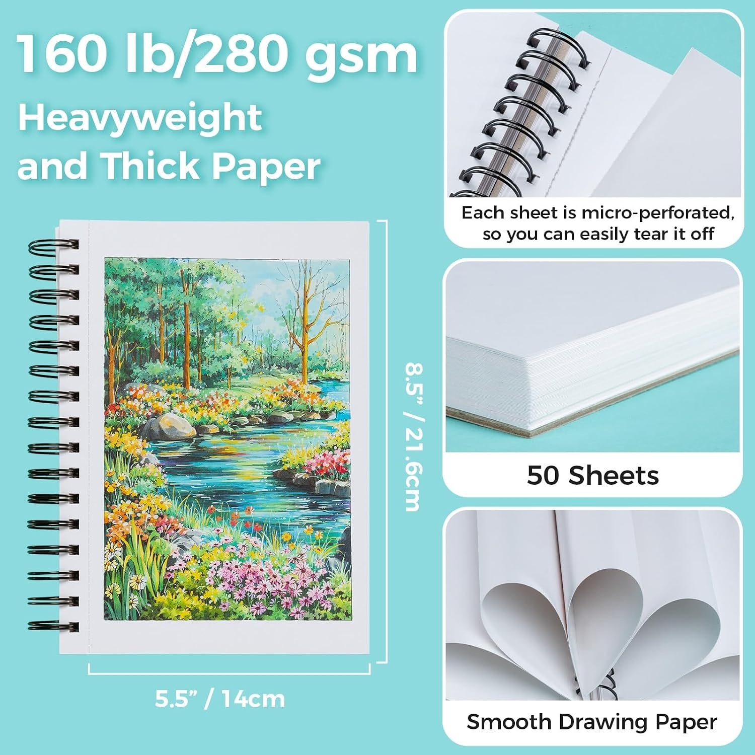 image:imageOhuhu DoubleSided Bleedproof Marker Pad 83x83 Square Paper Size 160 LB280 GSM Heavyweight Smooth Drawing Paper 50 Sheets100 Pages SpiralBound Sketchbook for Alcohol Markers55 x 85