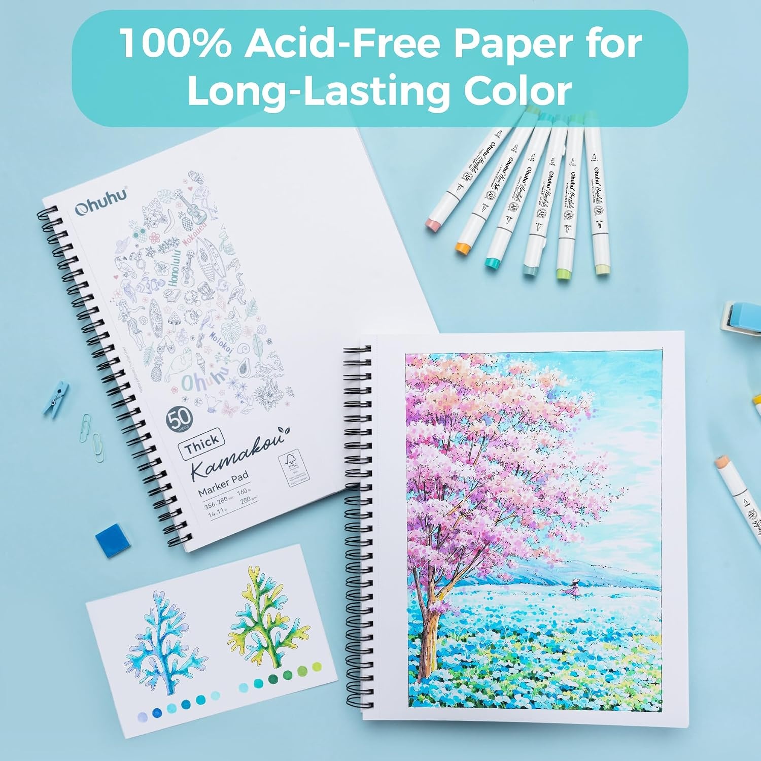 image:imageOhuhu DoubleSided Bleedproof Marker Pad 83x83 Square Paper Size 160 LB280 GSM Heavyweight Smooth Drawing Paper 50 Sheets100 Pages SpiralBound Sketchbook for Alcohol Markers11 x 14