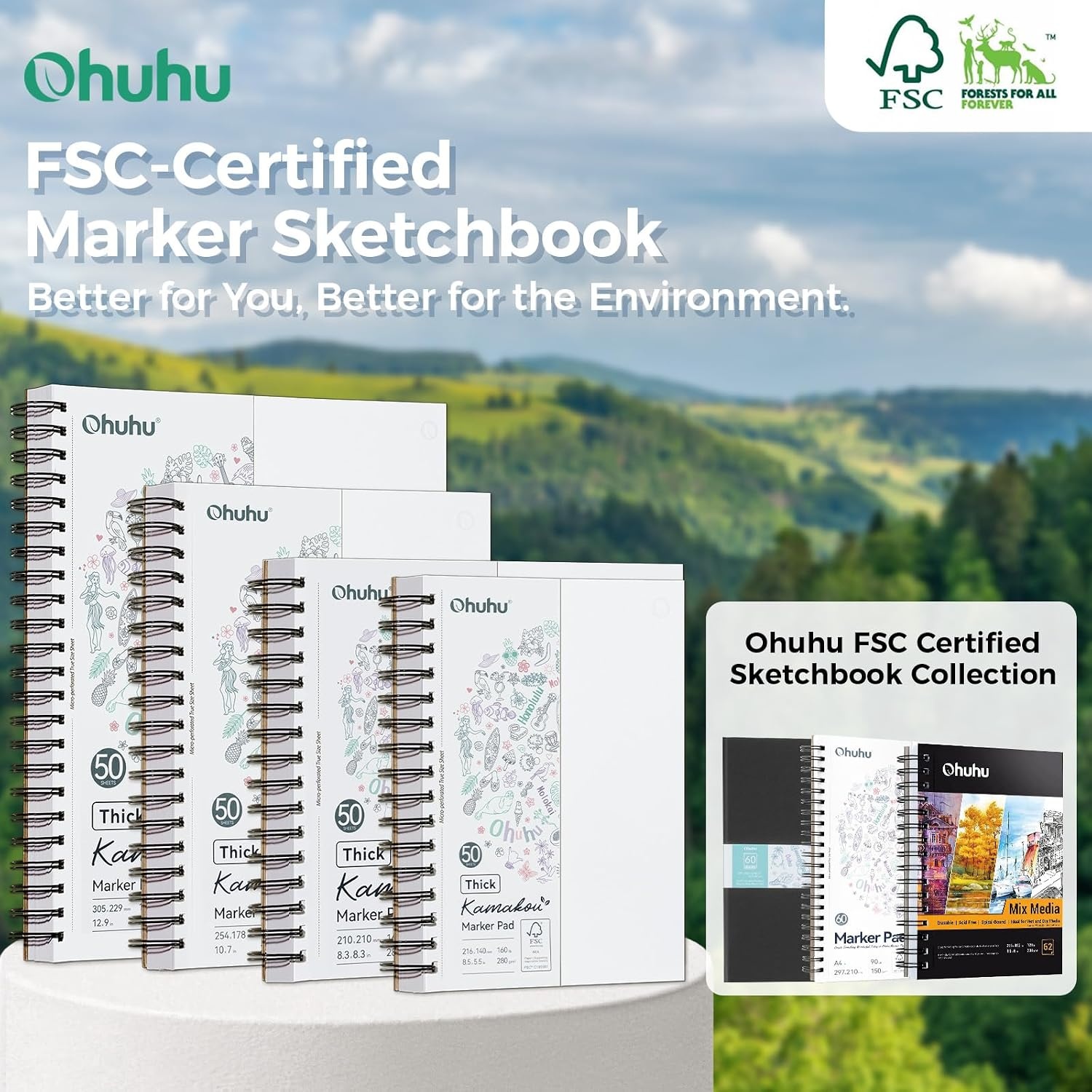 image:imageOhuhu DoubleSided Bleedproof Marker Pad 83x83 Square Paper Size 160 LB280 GSM Heavyweight Smooth Drawing Paper 50 Sheets100 Pages SpiralBound Sketchbook for Alcohol Markers7 x 10