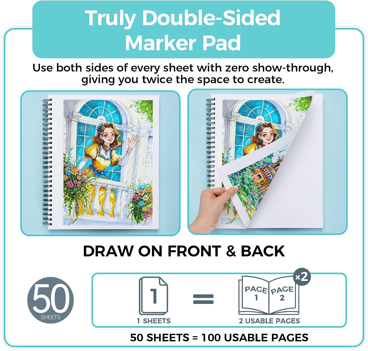 image:imageOhuhu DoubleSided Bleedproof Marker Pad 83x83 Square Paper Size 160 LB280 GSM Heavyweight Smooth Drawing Paper 50 Sheets100 Pages SpiralBound Sketchbook for Alcohol Markers11 x 14