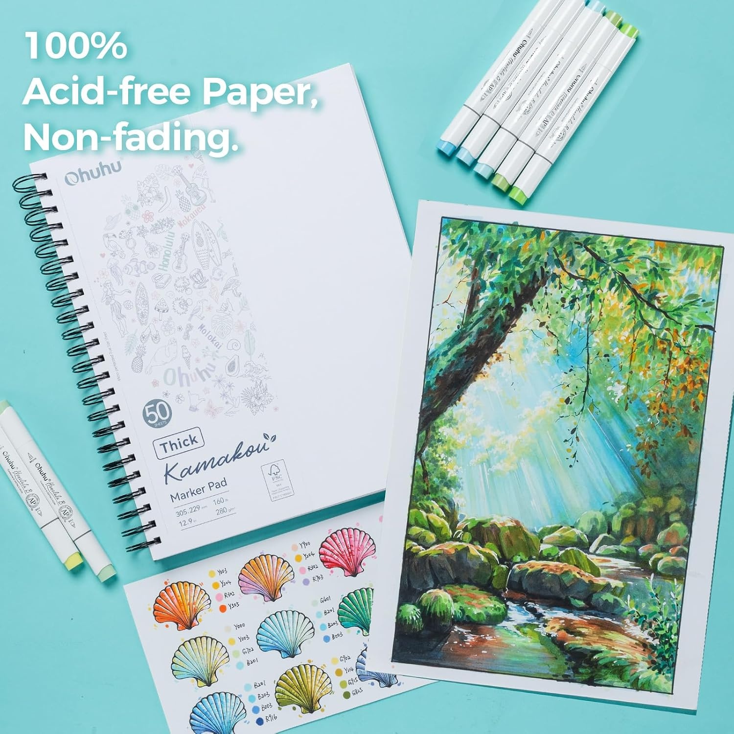 image:imageOhuhu DoubleSided Bleedproof Marker Pad 83x83 Square Paper Size 160 LB280 GSM Heavyweight Smooth Drawing Paper 50 Sheets100 Pages SpiralBound Sketchbook for Alcohol Markers9 x 12