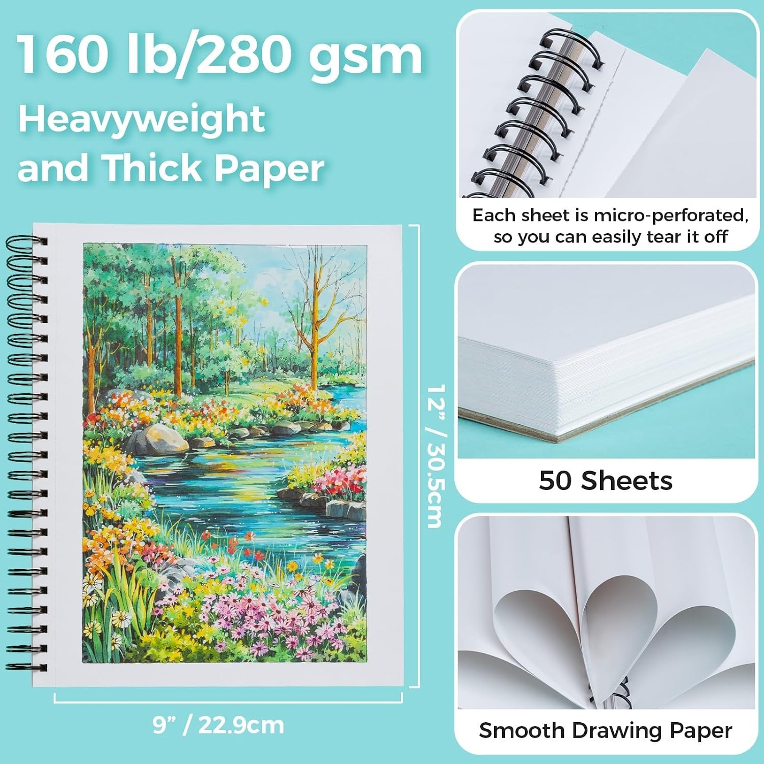 image:imageOhuhu DoubleSided Bleedproof Marker Pad 83x83 Square Paper Size 160 LB280 GSM Heavyweight Smooth Drawing Paper 50 Sheets100 Pages SpiralBound Sketchbook for Alcohol Markers9 x 12