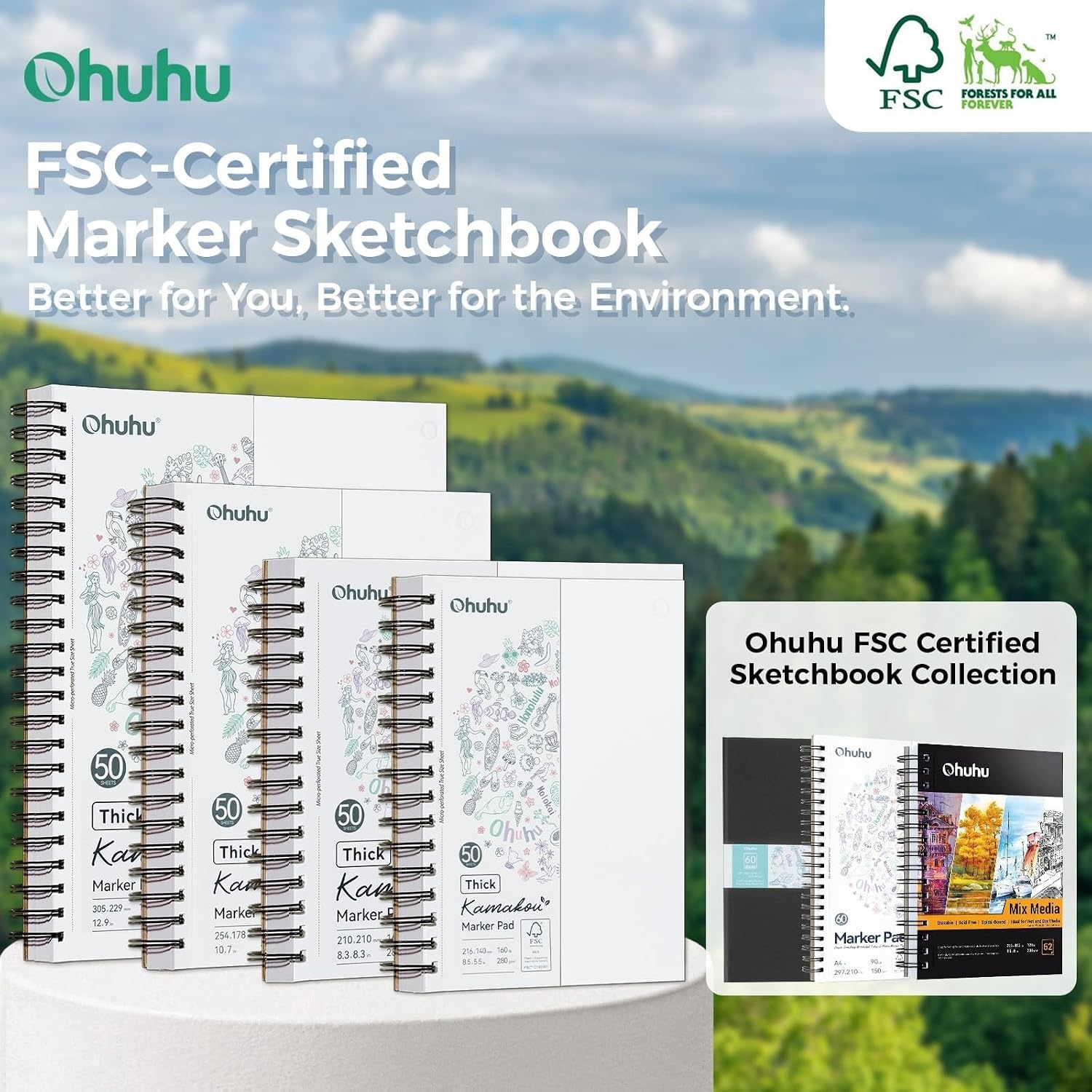 image:imageOhuhu DoubleSided Bleedproof Marker Pad 83x83 Square Paper Size 160 LB280 GSM Heavyweight Smooth Drawing Paper 50 Sheets100 Pages SpiralBound Sketchbook for Alcohol Markers83 x 83