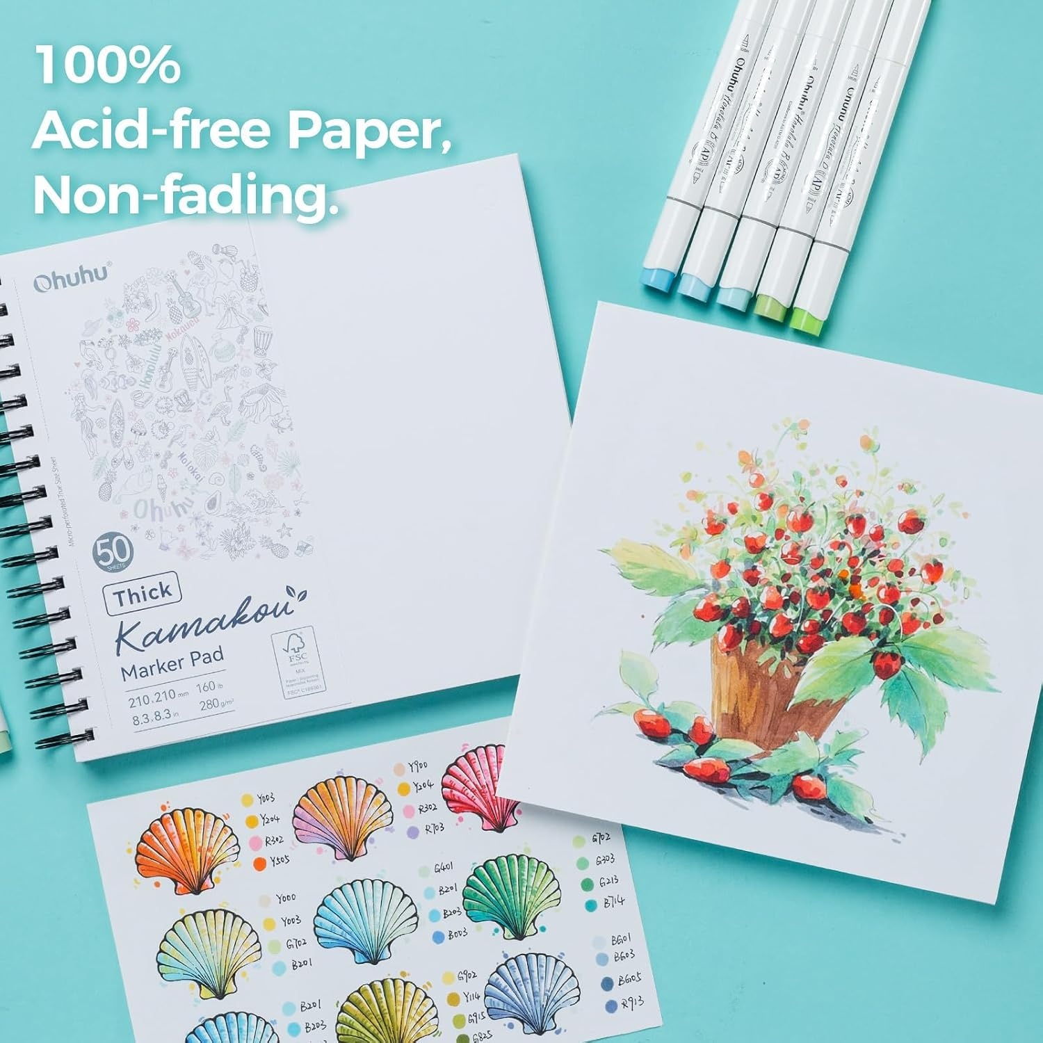 image:imageOhuhu DoubleSided Bleedproof Marker Pad 83x83 Square Paper Size 160 LB280 GSM Heavyweight Smooth Drawing Paper 50 Sheets100 Pages SpiralBound Sketchbook for Alcohol Markers83 x 83