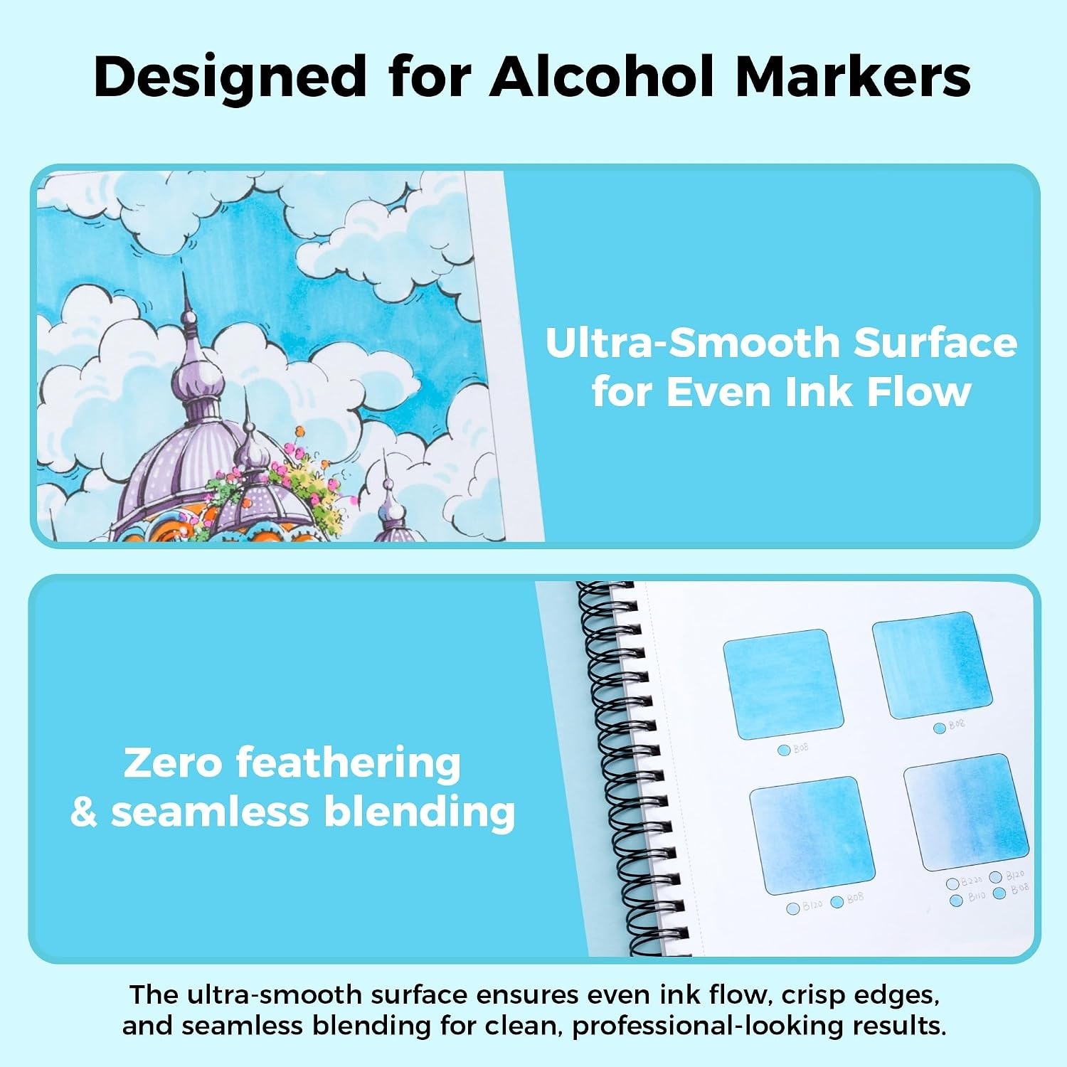 image:imageOhuhu DoubleSided Bleedproof Marker Pad 83x83 Square Paper Size 160 LB280 GSM Heavyweight Smooth Drawing Paper 50 Sheets100 Pages SpiralBound Sketchbook for Alcohol Markers11 x 14